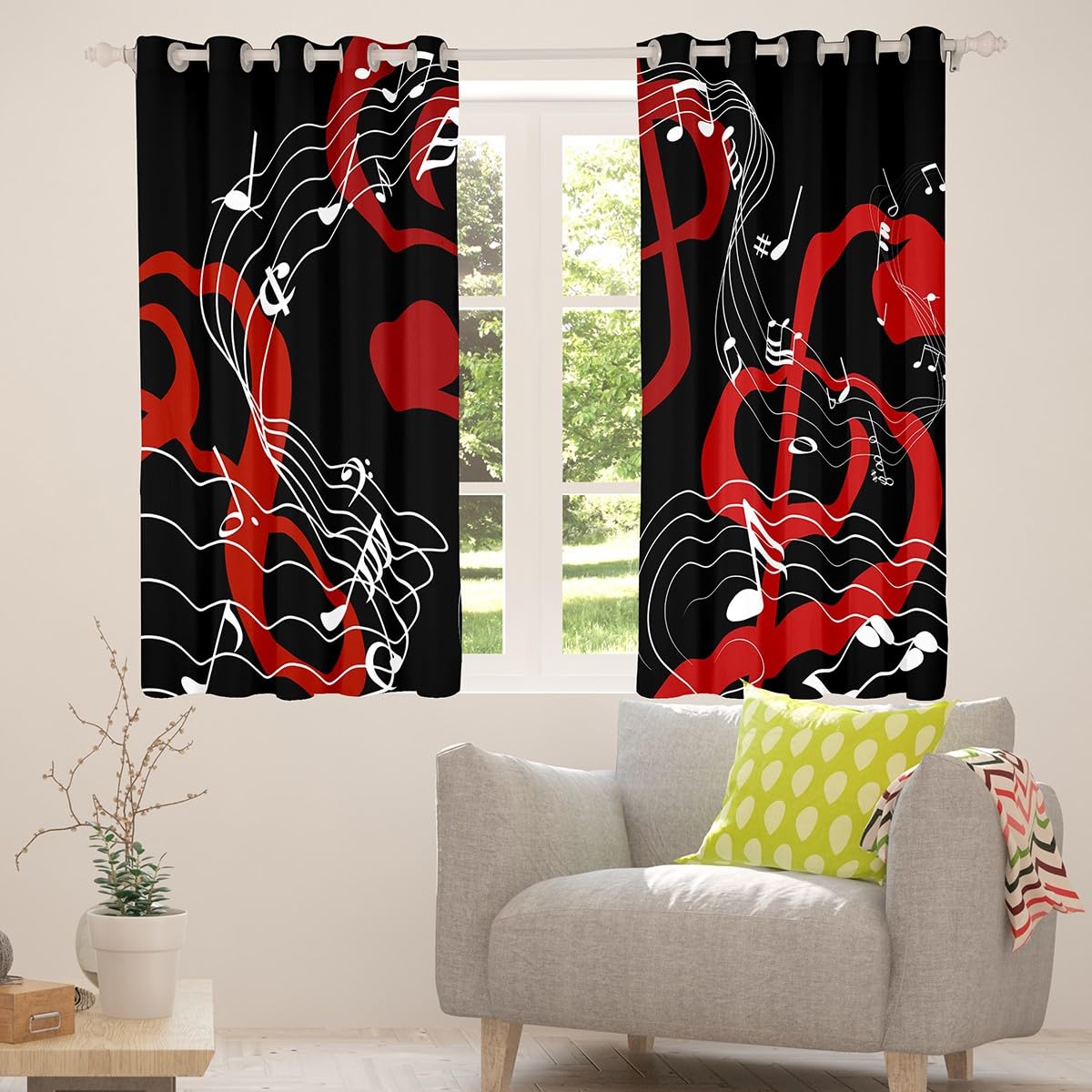 Musical Notes Window Curtain,Red Black and White Curtains for Kids Boys Girls Women Room Decor Abstract Music Theme Blackout Window Treatment Men Modern Soft Window Drapes,Top 2 Panel,42Wx63L