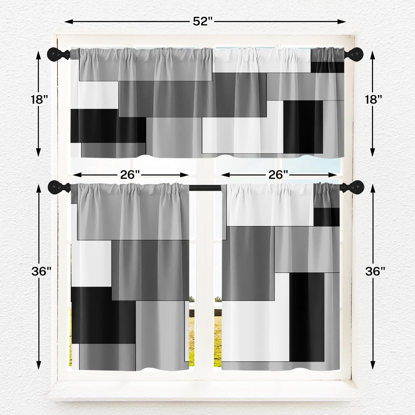 Tayney Black White Gray Kitchen Window Curtains Valance and Tier Set 36 Inch, Dark Grey Modern Geometric Rod Pocket Short Tier Curtain for Bathroom, Small Cafe Drapes for Kitchen Decor