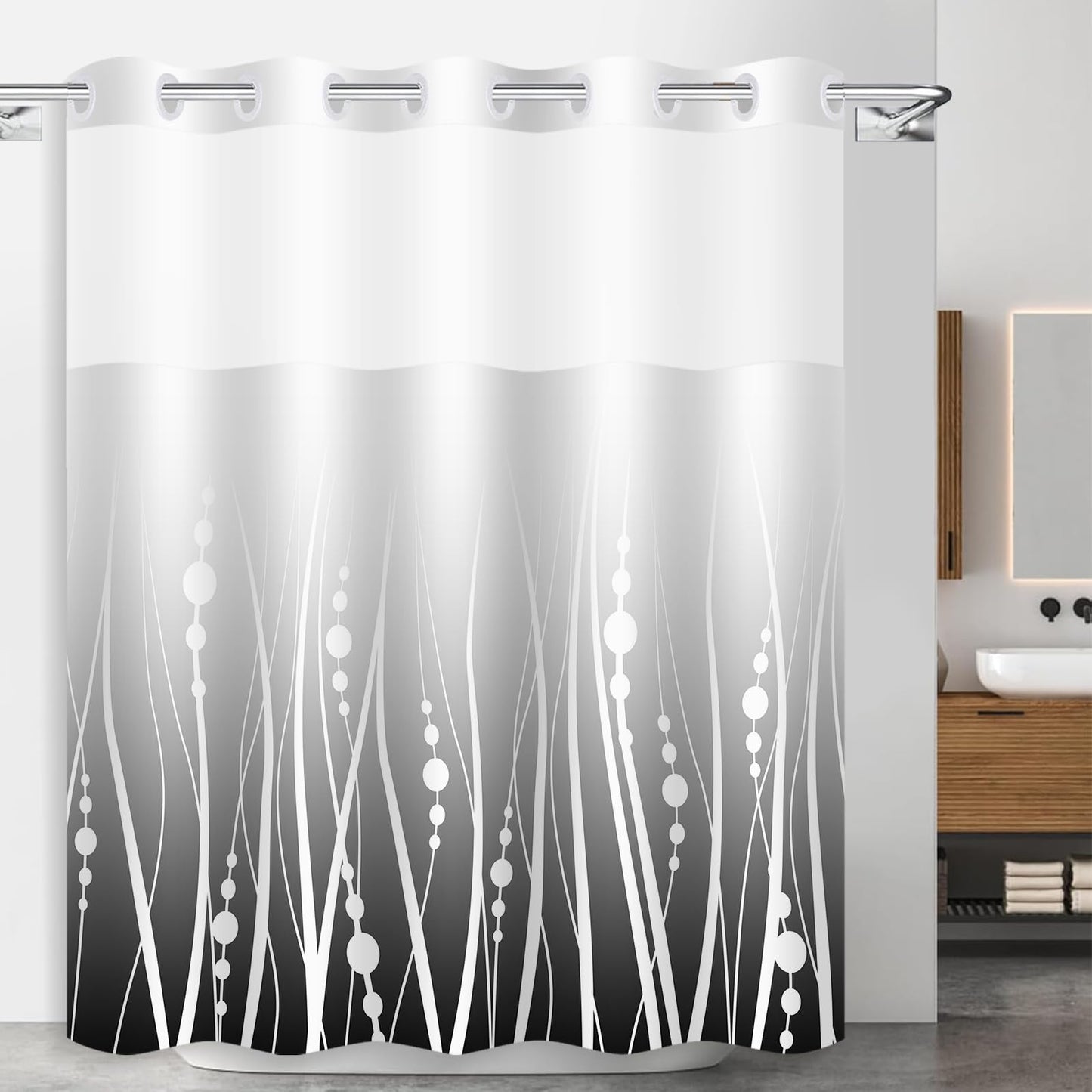 Pksoiil No Hook Stripe Shower Curtain and Liner Set Black Grey Gradient Background with White Stripes Hotel Shower Curtain Design 71x74inch