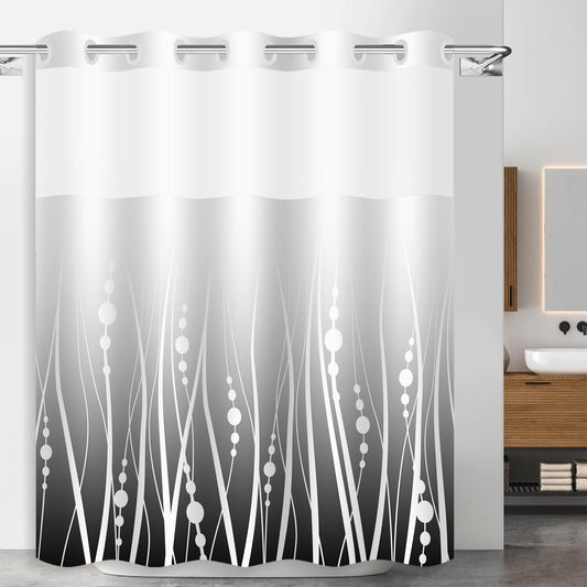 Pksoiil No Hook Stripe Shower Curtain and Liner Set Black Grey Gradient Background with White Stripes Hotel Shower Curtain Design 71x74inch