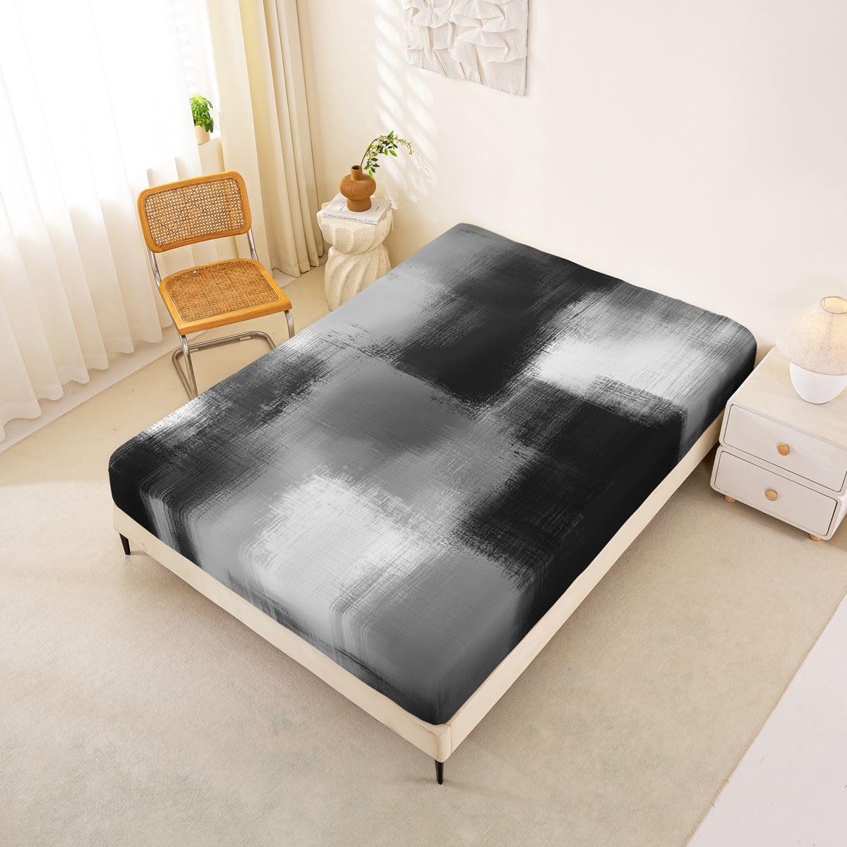 Feelyou Abstract Fitted Sheet with 2 Pillowcases Queen Size Modern Abstract Bed Sheets Set 16" Deep Pocket Boys Girls Geometric Artistic Smear Bedding Teens Bedroom Decor Breathable Soft