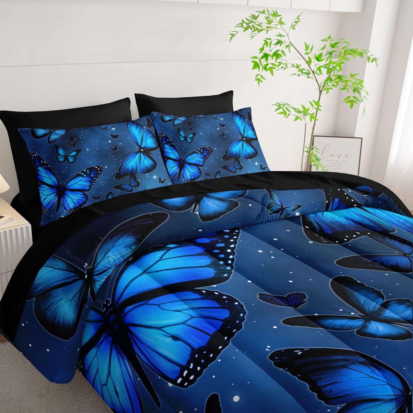 Smell Sunshine 7Pcs Blue Butterfly Comforter Set Animals Printed Bedding Set with 1 Comforter, 1 Flat Sheet, 1 Fitted Sheet and 4 Pillowcases for Boys and Girls Bedroom (Butterfly Twin