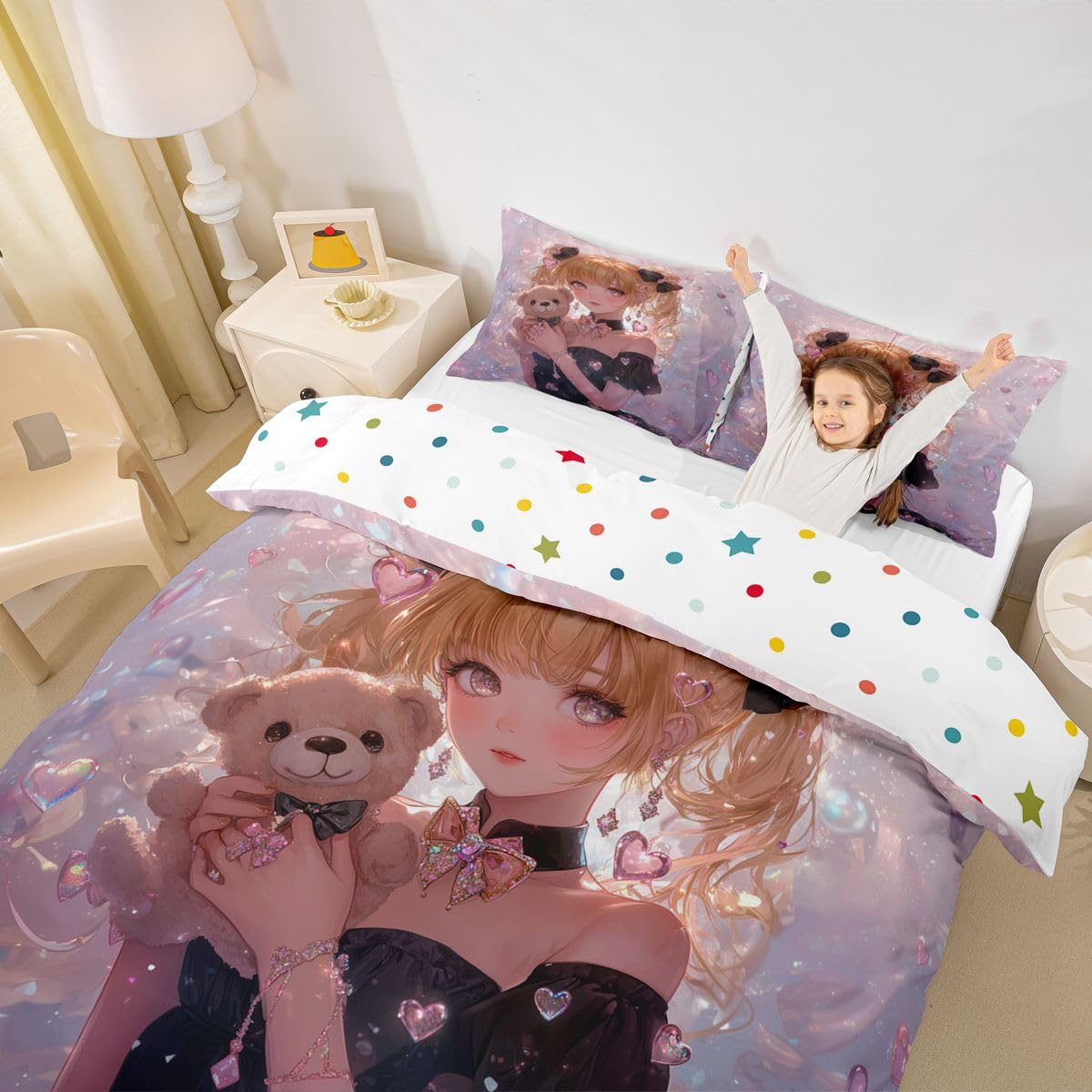 Erosebridal Bow Girls Twin Down Comforter Pink Kawaii Cartoon Anime Kids Comforter Set with 1 Pillow Case,Romantic Aesthetic Princess Bedding Set Japanese Style Girl Bed Set