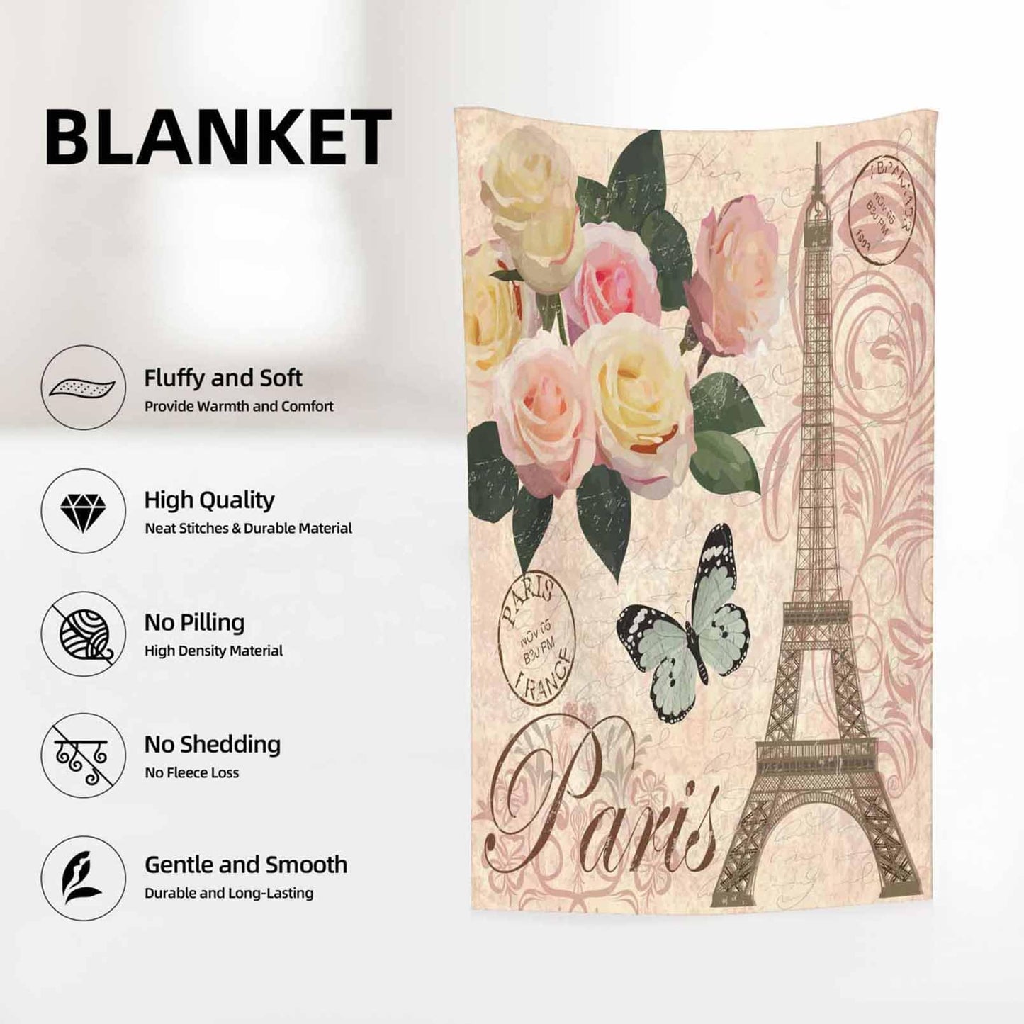 Throw Blanket 60x80 Inch,Vintage Paris Flower Eiffel Towel Rose Cozy Soft Lightweight Fuzzy Flannel Blanket 80x60 Inch Suitable for Couch Bed Sofa Living Room in All Seasons