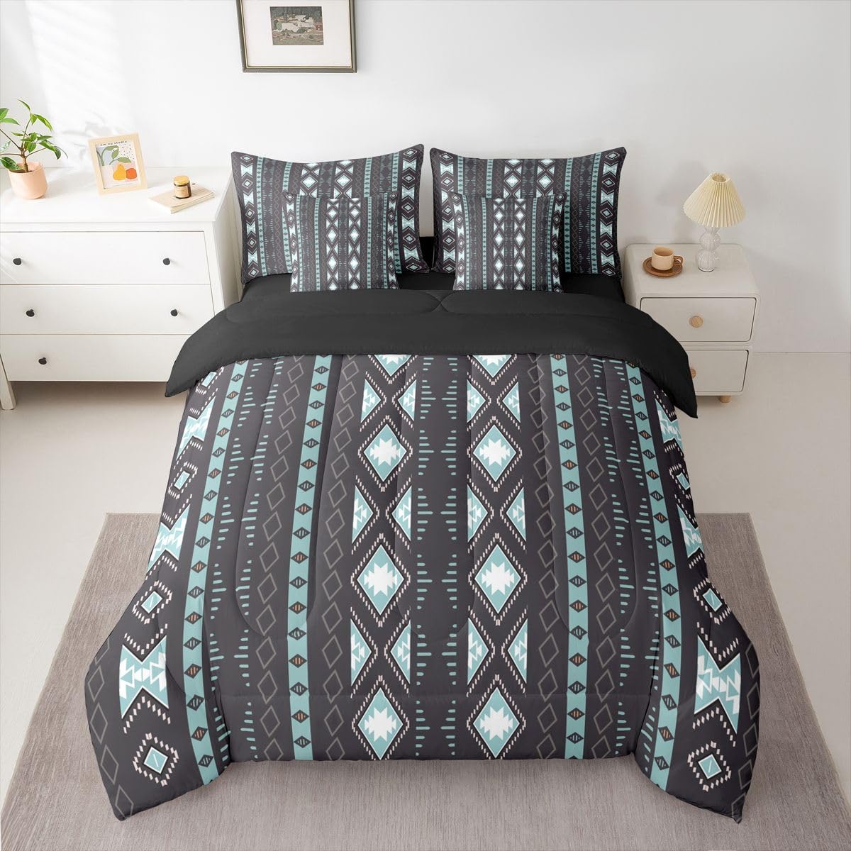 Bohemian Bed in a Bag Queen Comforter Set 7-Piece Boho Striped Aztec Bedding Sets Geometric Triangle Western Comforter and Sheet Set, Country Rustic Bed Sets Exotic Nordic Southwestern Decor,Black