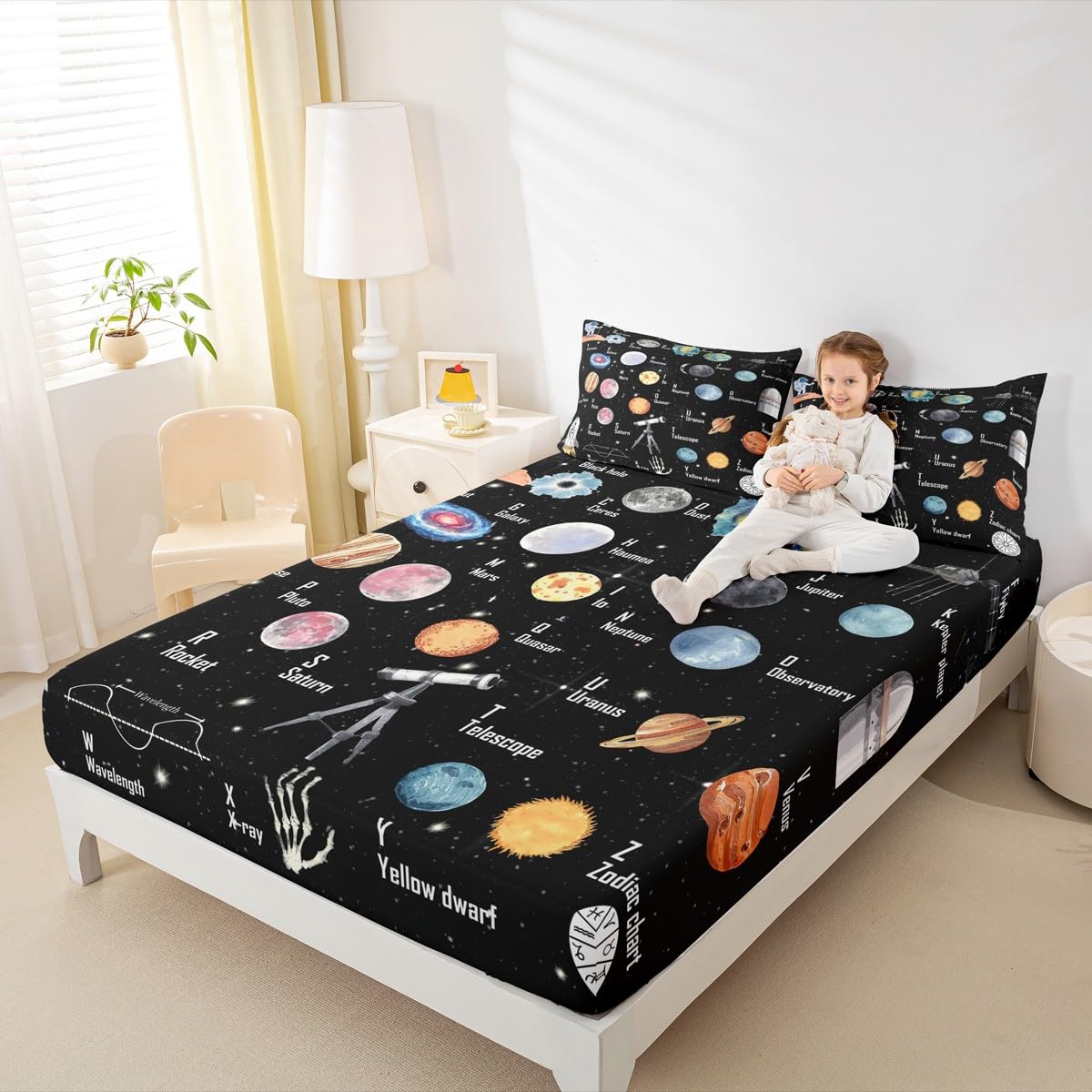 Solar System Bedding Set Twin Size for Boys Girls, ABC Alphabet Bed Sheet Set Solar System Alphabet Fitted Sheet Educational Bed Cover with 1 Pillow Case (No Flat Sheet)