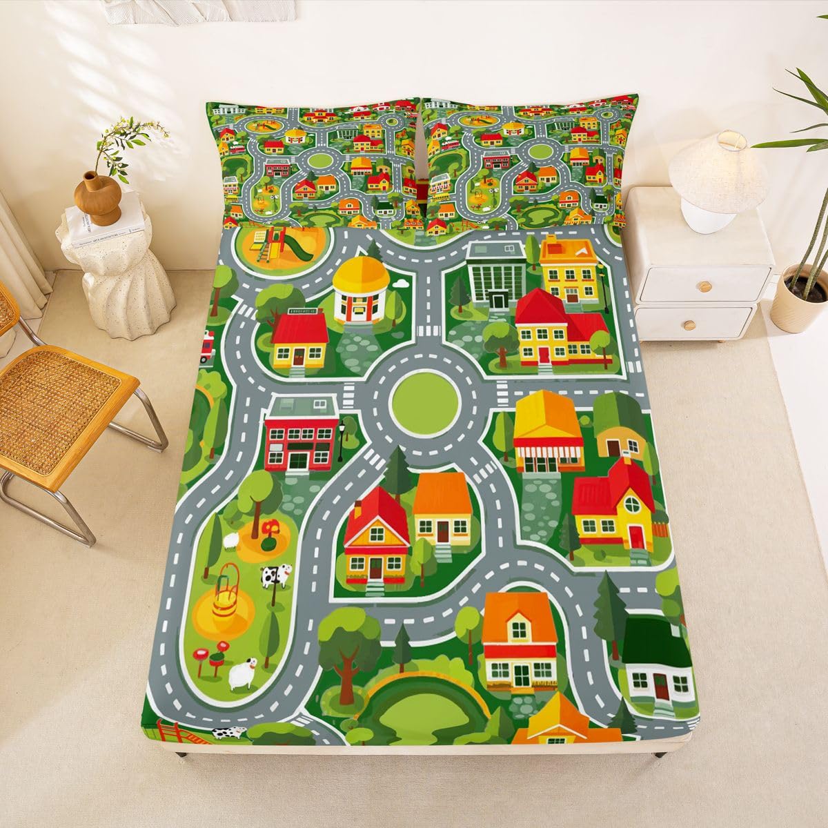 Manfei Village Town Map Fitted Sheet Set Cartoon Farm Street House Bedding Set for Kids Bedroom Educational Cute Car Road Bed Sheet Set 3pcs Deep Pocket Mattress Cover,No Top Flat Queen Gray Green