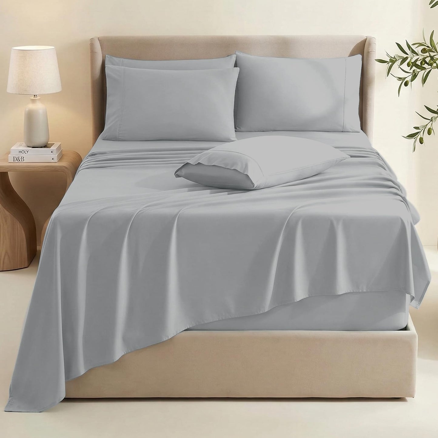 Hearth & Harbor Extra Deep Pocket Queen Sheets Sets - Fits Mattress 18-24 Inches Deep - Extra Deep Pocket Sheets - 6 Piece Queen Size - Silver