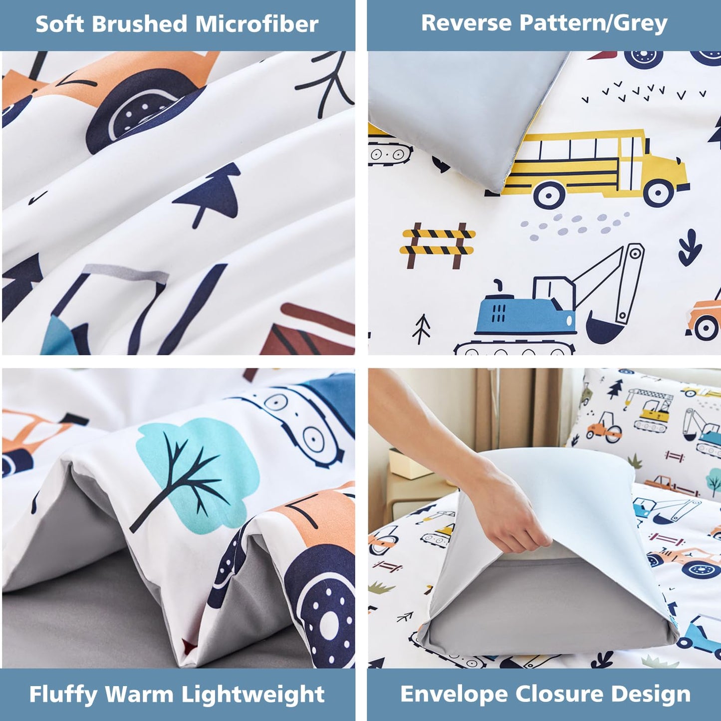 WINLIFE Construction Twin Comforter Set for Boys 3-Piece Teen Kids Bedding Reversible Lightweight Microfiber Forest Vehicles Car Bed Set