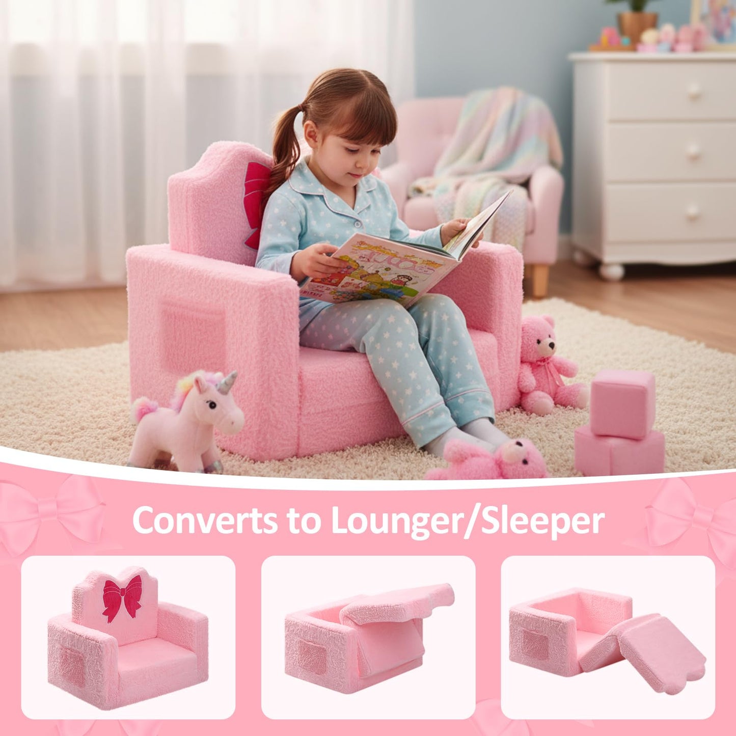 Novabright Kids Chair or Couch for Toddler, 2-in-1 Soft Foldable Couch, Comfy Toddler Chair, Convertible Sofa to Lounger, Gifts for Kids Girl Boys for Birthday Children's Day (Bow)