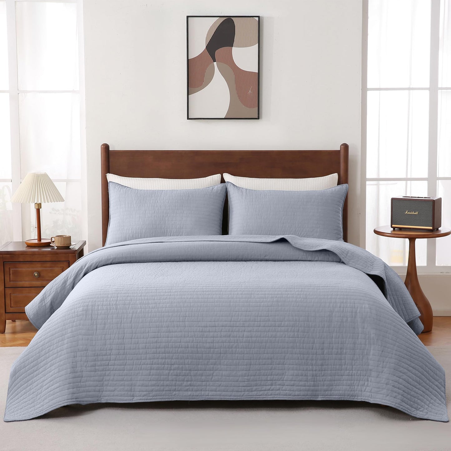 FDDX 100% Cotton Quilt Set Queen Size - Soft Lightweight Stripe Bedding Set, Classic Comforter Set for All Season with 2 Shams, Oversized Bedspread Coverlet, 90x98 inches
