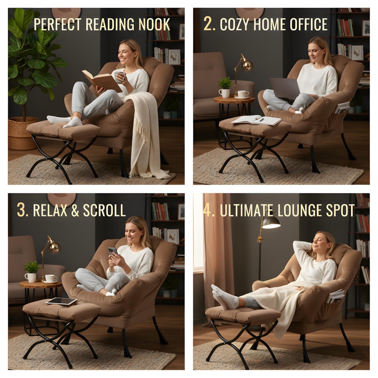 Tiita Lazy Chair with Ottoman, Khaki Modern Large Accent Chair, Comfy Leisure Sofa Armchair with Ottoman, Reading Chair with Footrest for Bedroom, Living Room, Dorm Rooms, Velvet Khaki