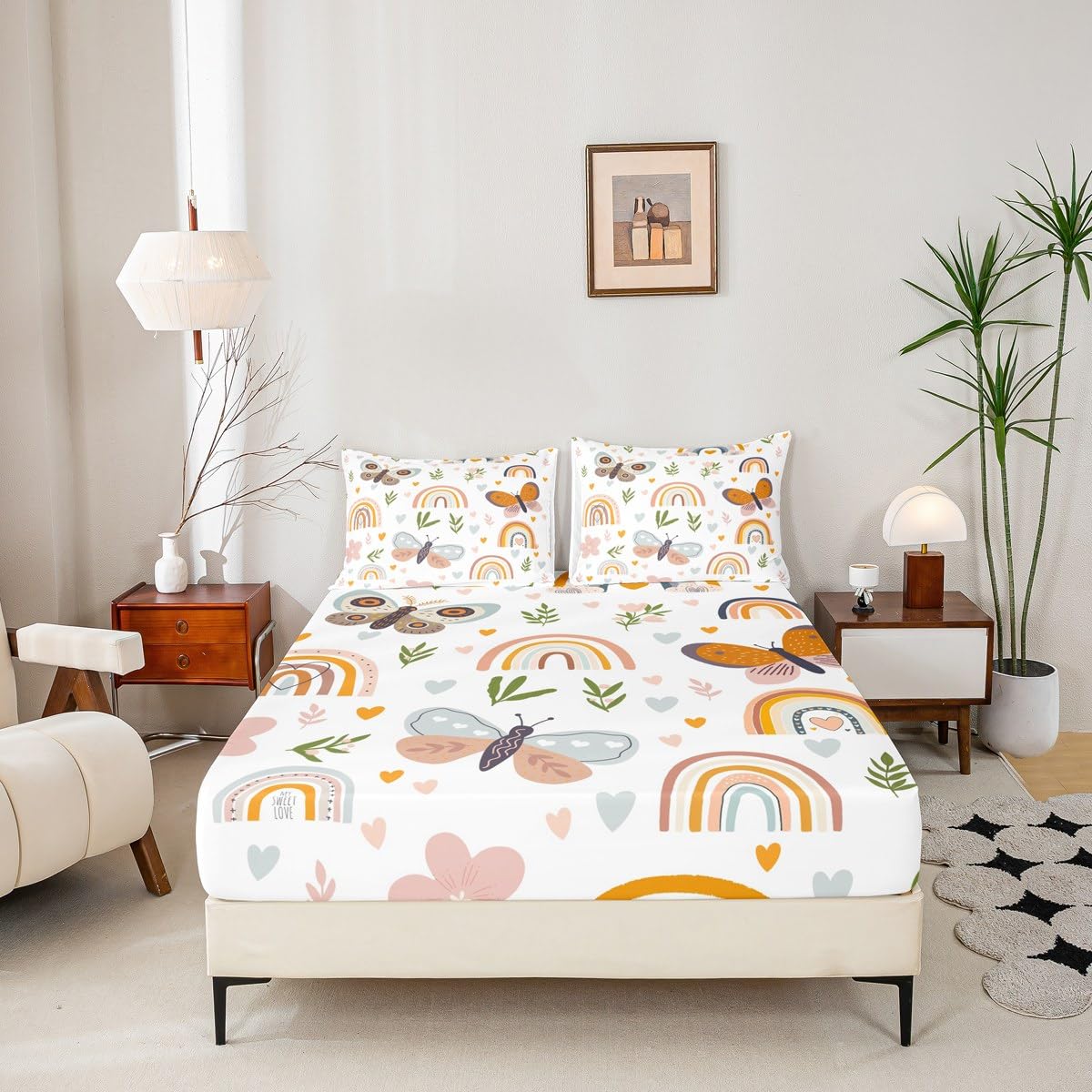 Boho Rainbow Sheet Set Twin Size Cute Butterfly Bedding Set 3Pcs for Kids Girls Boys Adult Room Decor Cartoon Love Heart Palm Leaves Bed Sheet Animals Botanical Fitted + Flat Sheet,1 Pillowcase