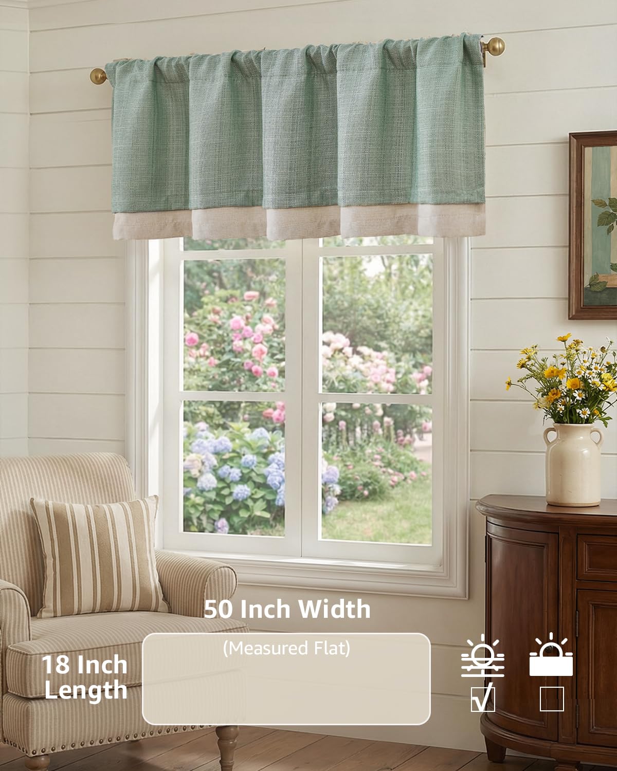 jinchan Faux Linen Valance Kitchen Curtain Light Filter Double Layer 18in