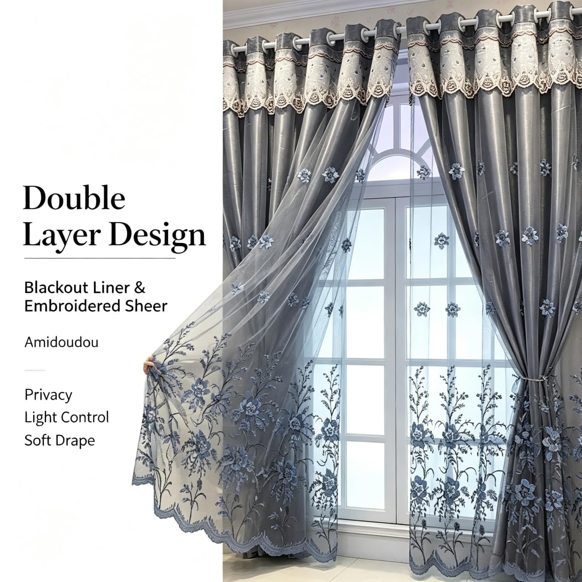 Amidoudou 1 Pair European Double Layer Curtains for Living Room Bedroom Luxury Flower Embroidered Curtains with Valance (Grey,52x95 Inch)