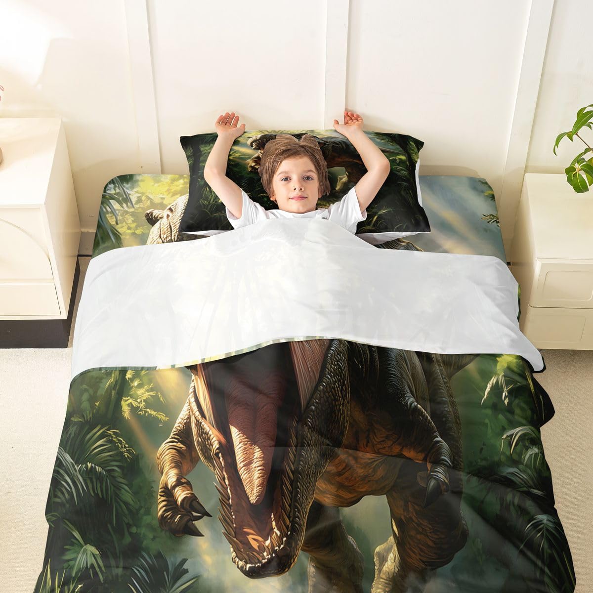 Feelyou Dinosaur Bed Sheets Set Twin Size 3D Digital Print Deep Pocket Fitted Sheet Jungle Dino Bedding Sets Wild Animal Soft Bed Set 3Pcs with 1 Pillow Cases Green Red