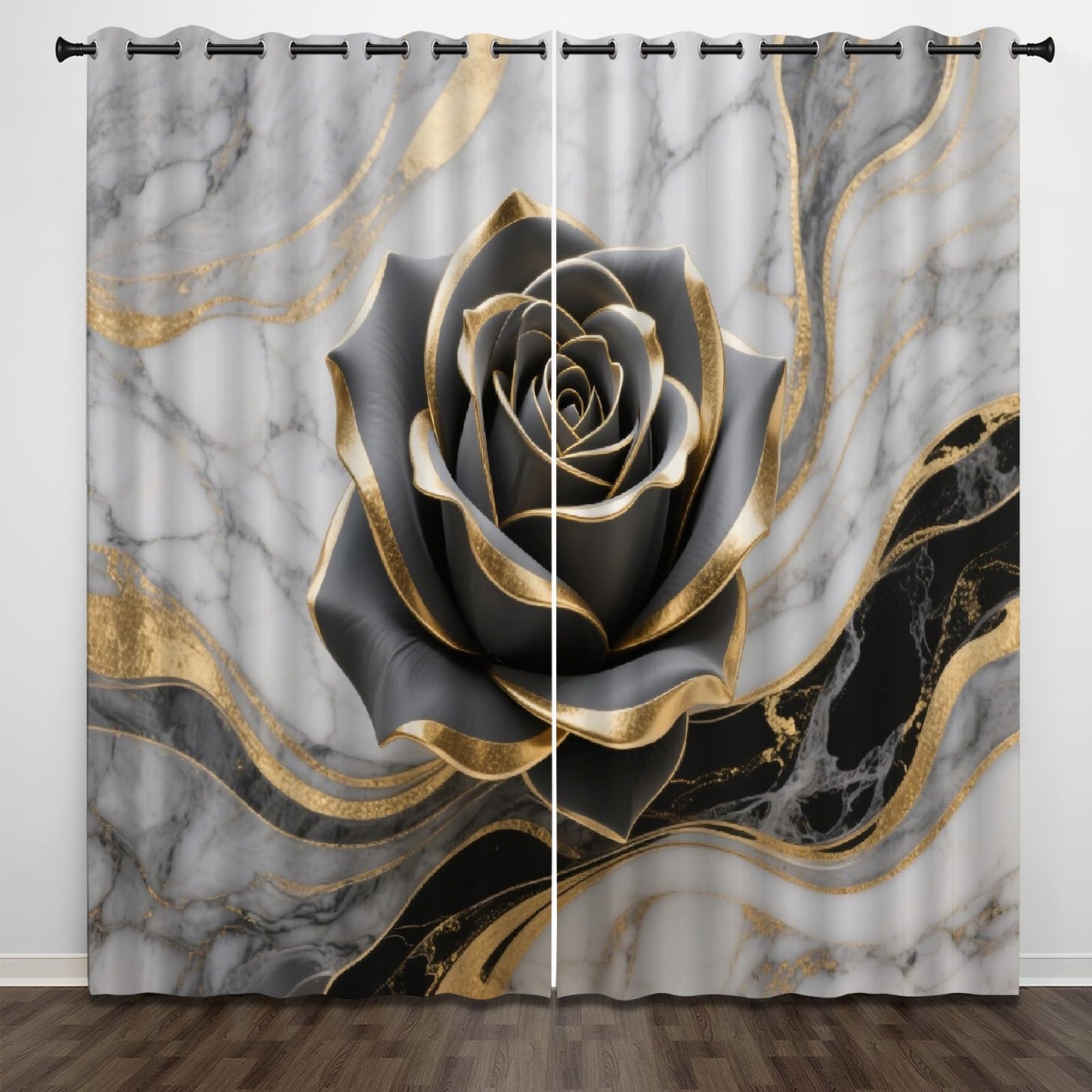 Black Elegant Rose Blackout Curtains, Bright Gold Texture 3D Print Pattern Curtain, 2 Panels Thermal Insulated Top Grommet Darkening Drapes for Living Room Bedroom(84" W x 84 "L)