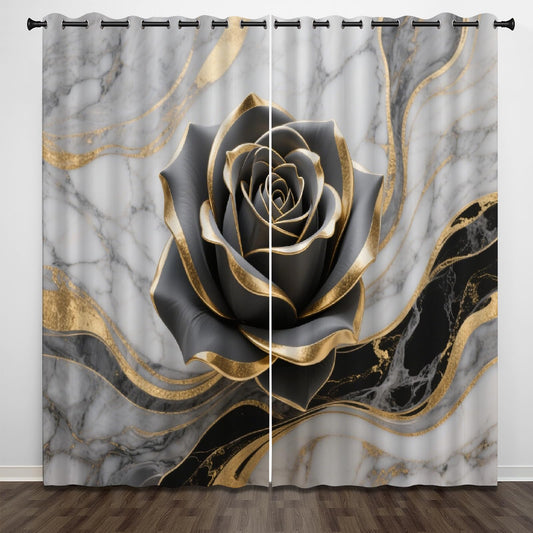 Black Elegant Rose Blackout Curtains, Bright Gold Texture 3D Print Pattern Curtain, 2 Panels Thermal Insulated Top Grommet Darkening Drapes for Living Room Bedroom(84" W x 84 "L)