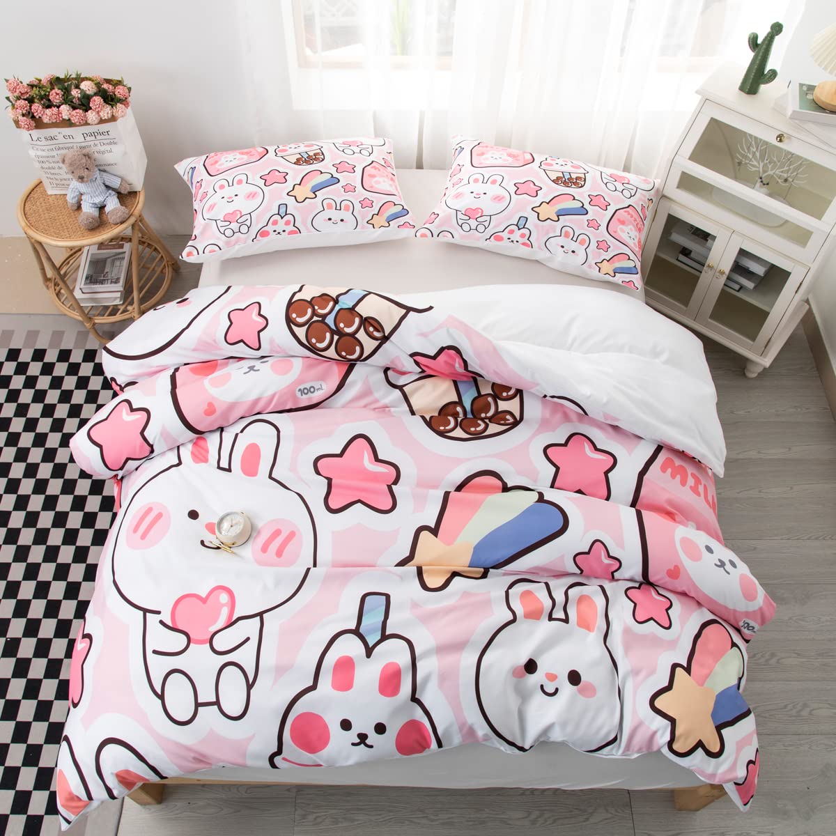 CVHOUSE Kawaii Bedding Set King Size,Cute Rabbit Bed for Girls Kids Teens,Pink Comforter Cover Soft,Kawaii Duvet Set,Girls Room Decor Quilt King 90'x102'