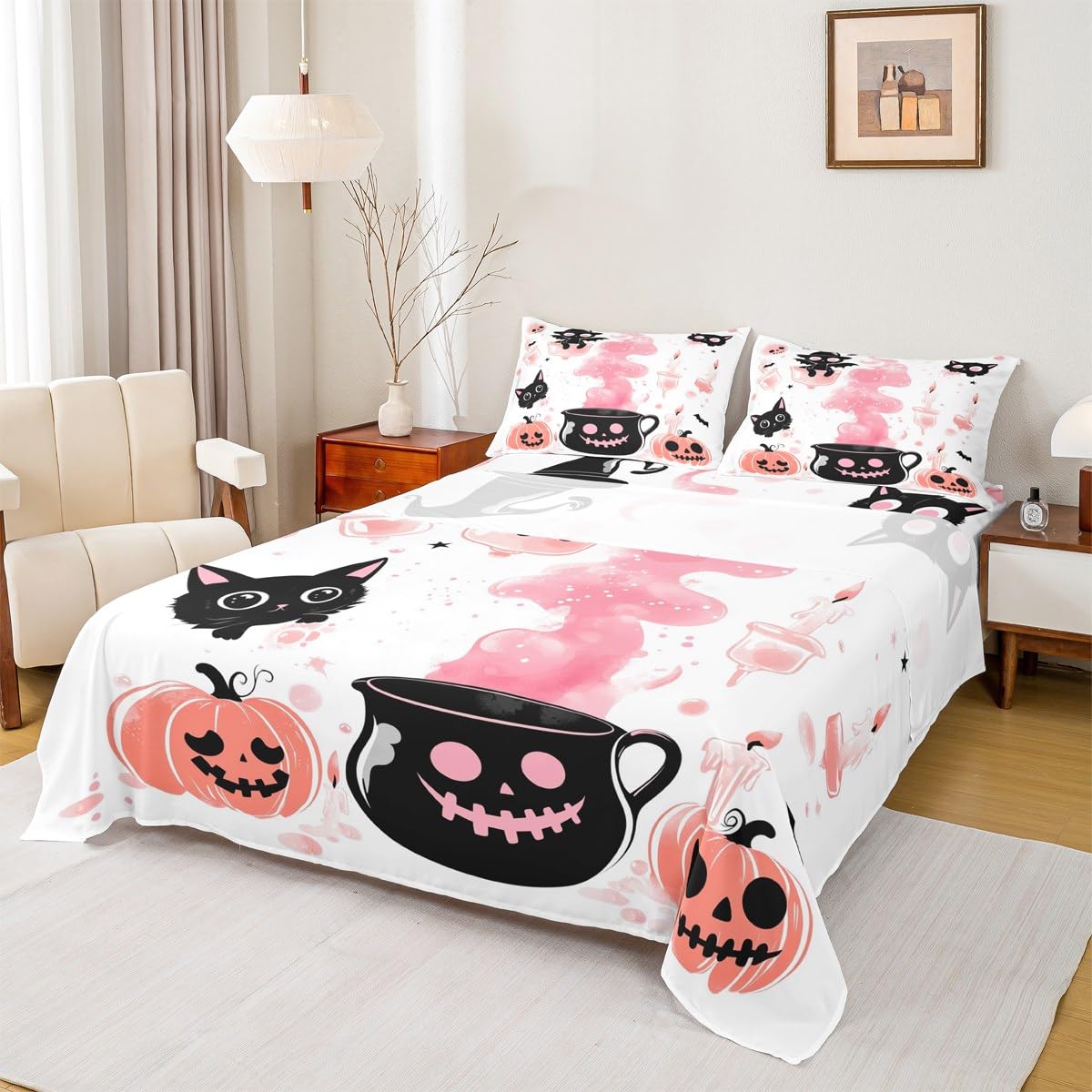 Feelyou Kids Halloween Bed Sheets Set Full Size, Pumpkin Sheet Set Boys Girls Cute Ghost Bedding Set Black Cat Teens Bedroom Decor with 2 Pillow Case