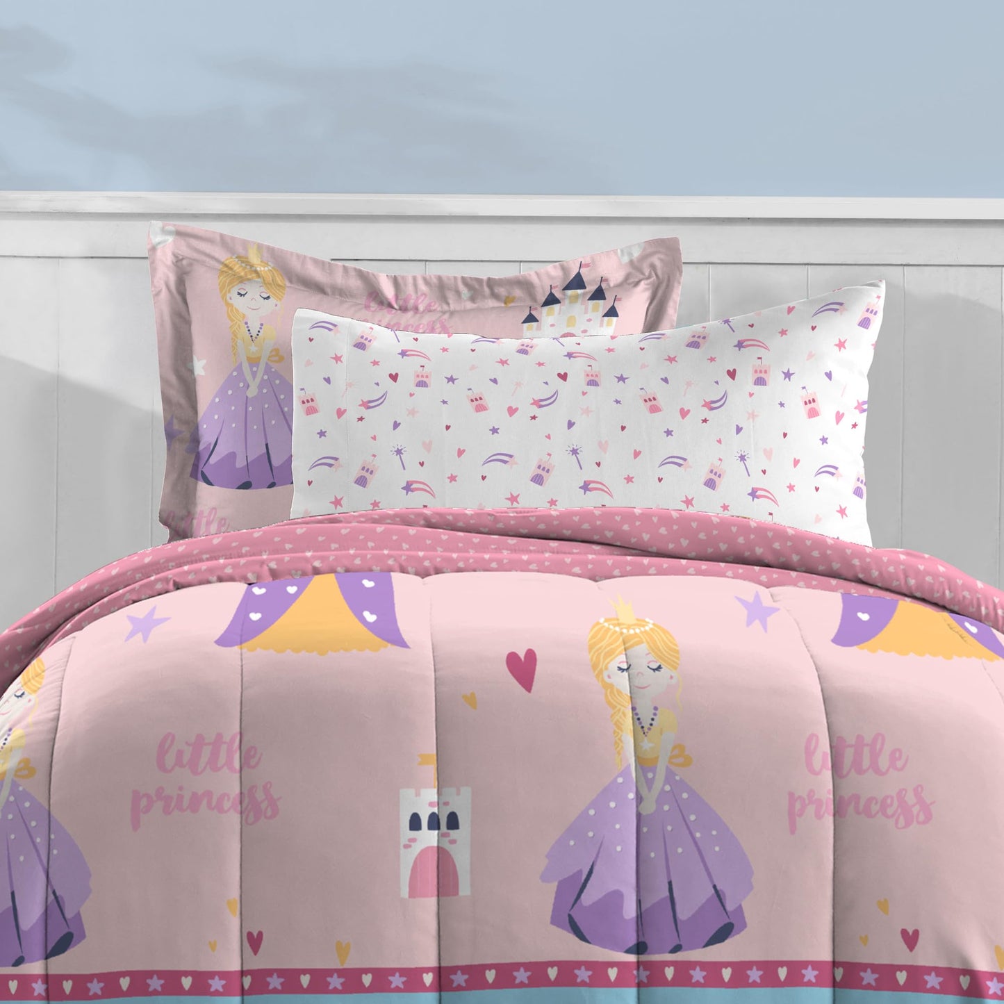 Dream Factory Kids 5-Piece Complete Bed Set Easy-Wash Super Soft Microfiber Comforter Bedding, Twin, Pink Little Princess