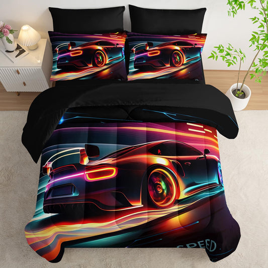 AILONEN Kids 3D Racing Car Comforter Sets Full Size,Extreme Sports Theme Bedding Set Bed in a Bag for Boys Teens,Modern Race Car Comforter & Fitted Sheet + Flat Sheet & 2 Pillowcases,2 Pillow Shams