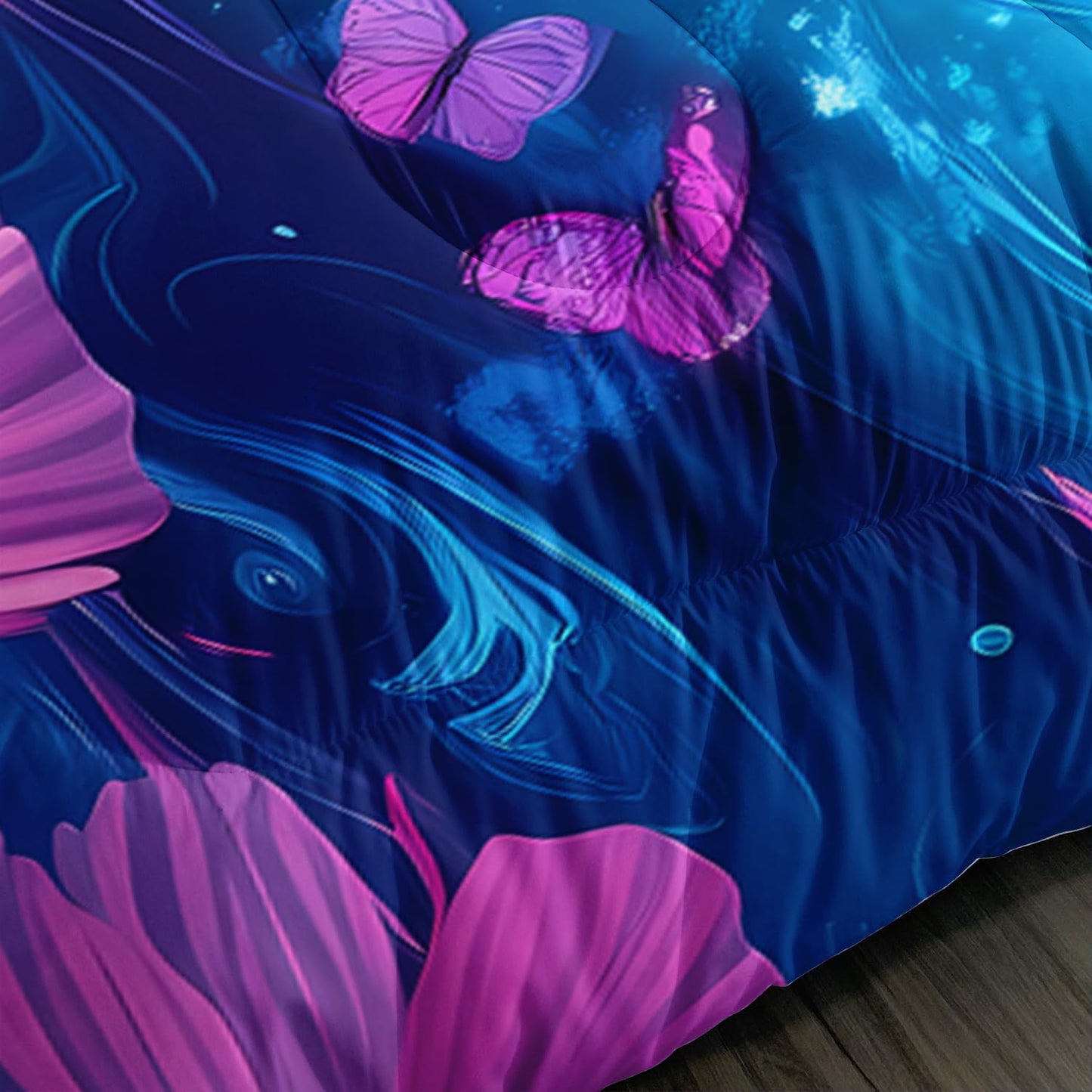 UEVBF Blue Coastal Bedding Sea Turtle Comforter Set Queen Size,Pink Flowers and Butterflies Pattern Bed Sets for Toddler Kids Girls Room Decor,Ocean Themed Bedding Sets with 2 Pillowcases.
