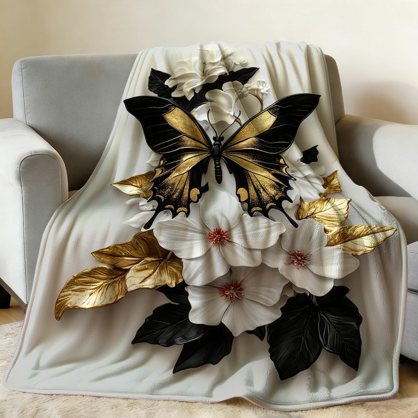 GXYAOYZG Butterfly Throw Blanket Soft Cozy Warm Flannel Throws Black Gold White Floral Decor Lightweight Blankets for Couch Bed Sofa Gifts for Women All Seasons (49" x 59")