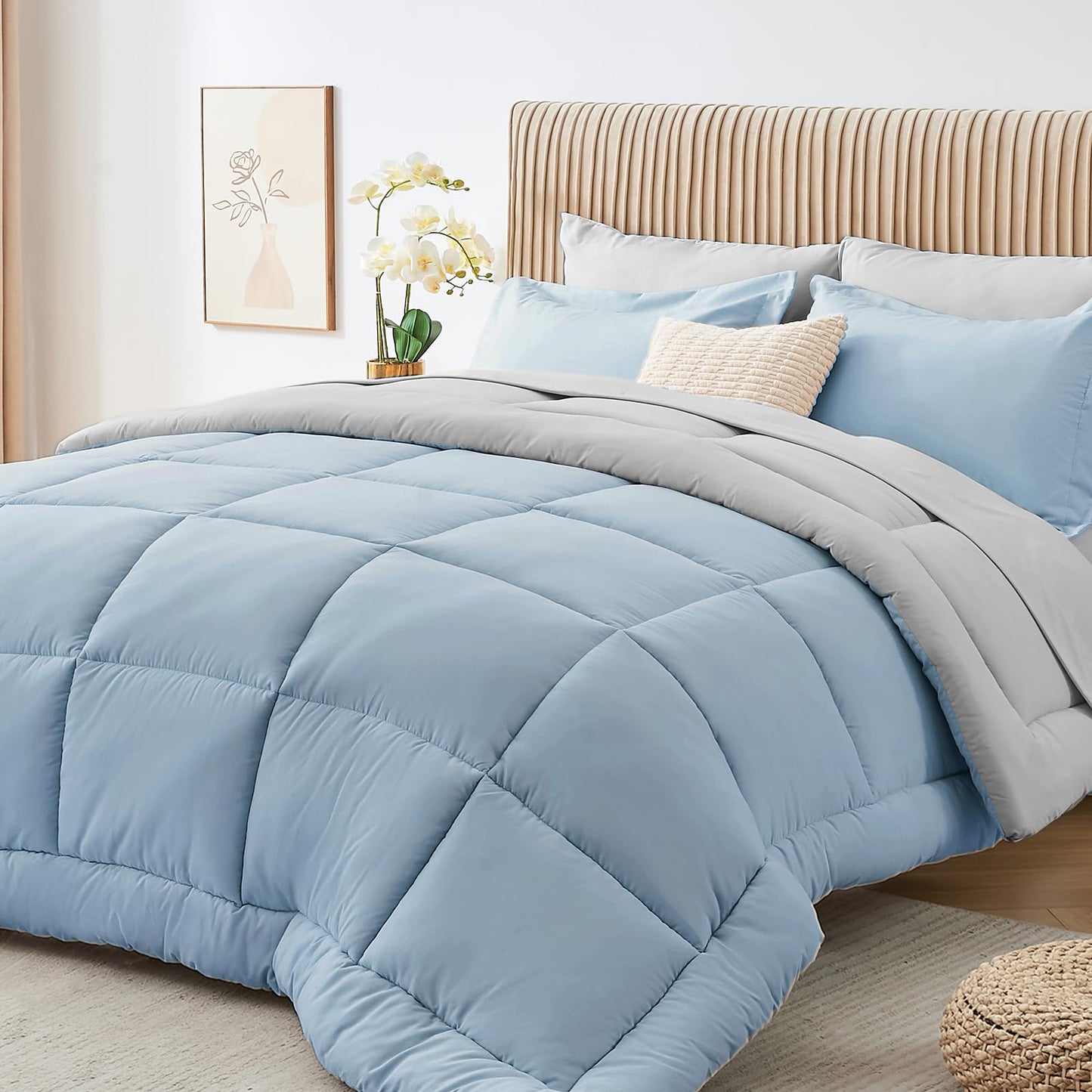 Sasttie Queen Comforter Set, 7 Pieces Bed in a Bag Queen, Complete Bedding Set Includes Comforter, Flat Sheet, Fitted Sheet, Pillowcases and Pillow Shams, Blue & Light Grey