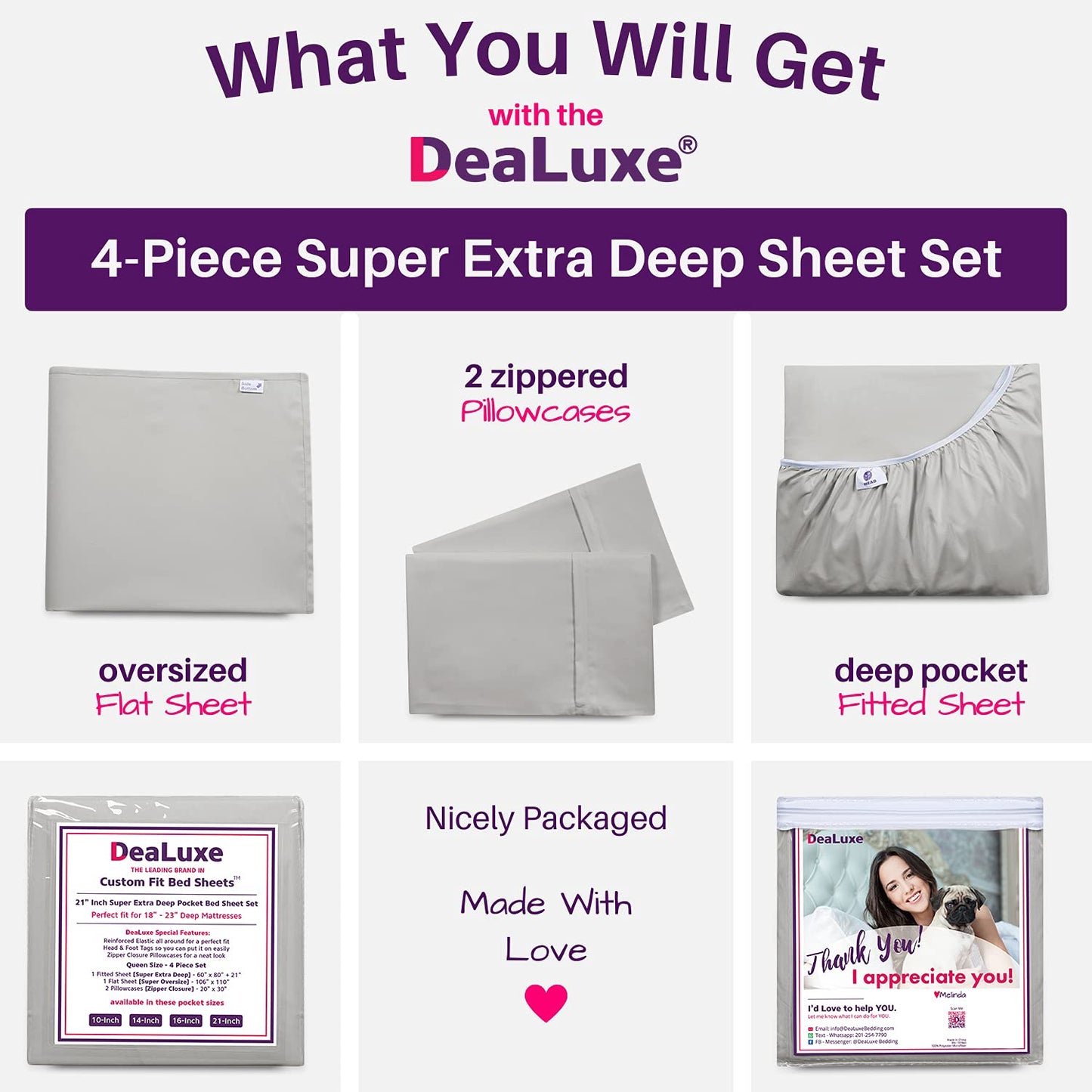 Extra Deep Pocket King Bed-Sheets – 4-Piece Includes: 18”-21” Inch Super Extra Deep Pocket Fitted Sheet – Real Oversize Flat Sheet – 2 Zipper Closure Pillowcases – King Size – Silver Light Gray