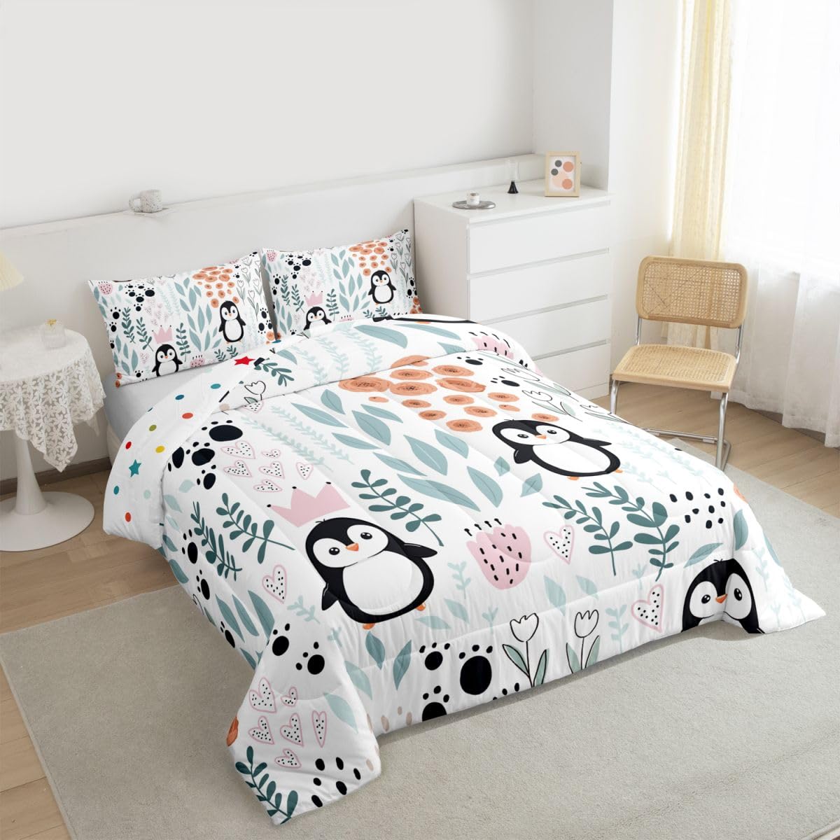 Erosebridal Kawaii Penguin Bedding Set Twin,Cartoon Penguin Comforter Set for Kids Girls Boys,Cute Love Heart Leaf Flower Comforter Set,Paw Print Wildlife Animals Quilt Bed Set with 1 Pillow Case