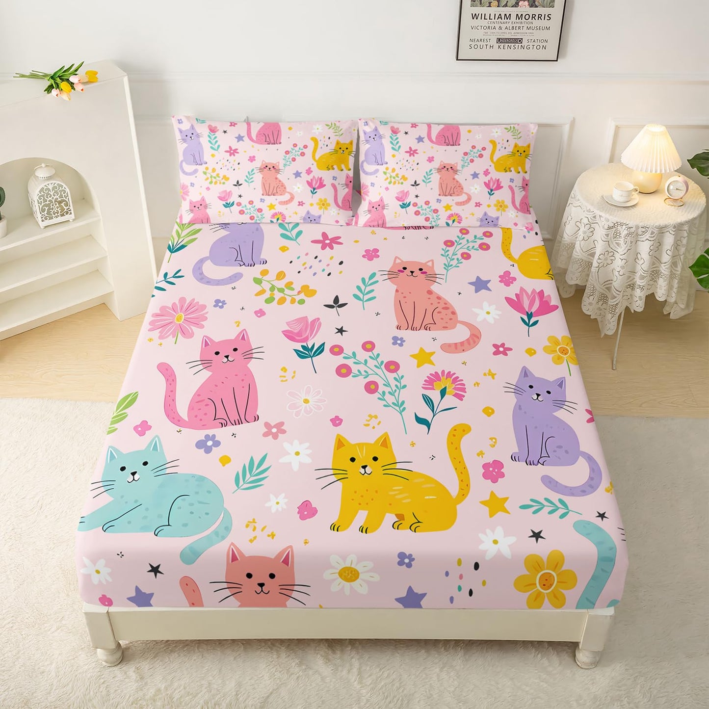 QOOMO Floral Cats Sheet Set,Kawaii Cats Kids Bed Sheets,Pink Floral 16" Deep Pocket Bed Sheet Set for Boys/Girls/Kids/Teens，4 Piece Sheet Set, 1 Fitted Sheet,1 Flat Sheet and 2 Pillowcases，Twin Size