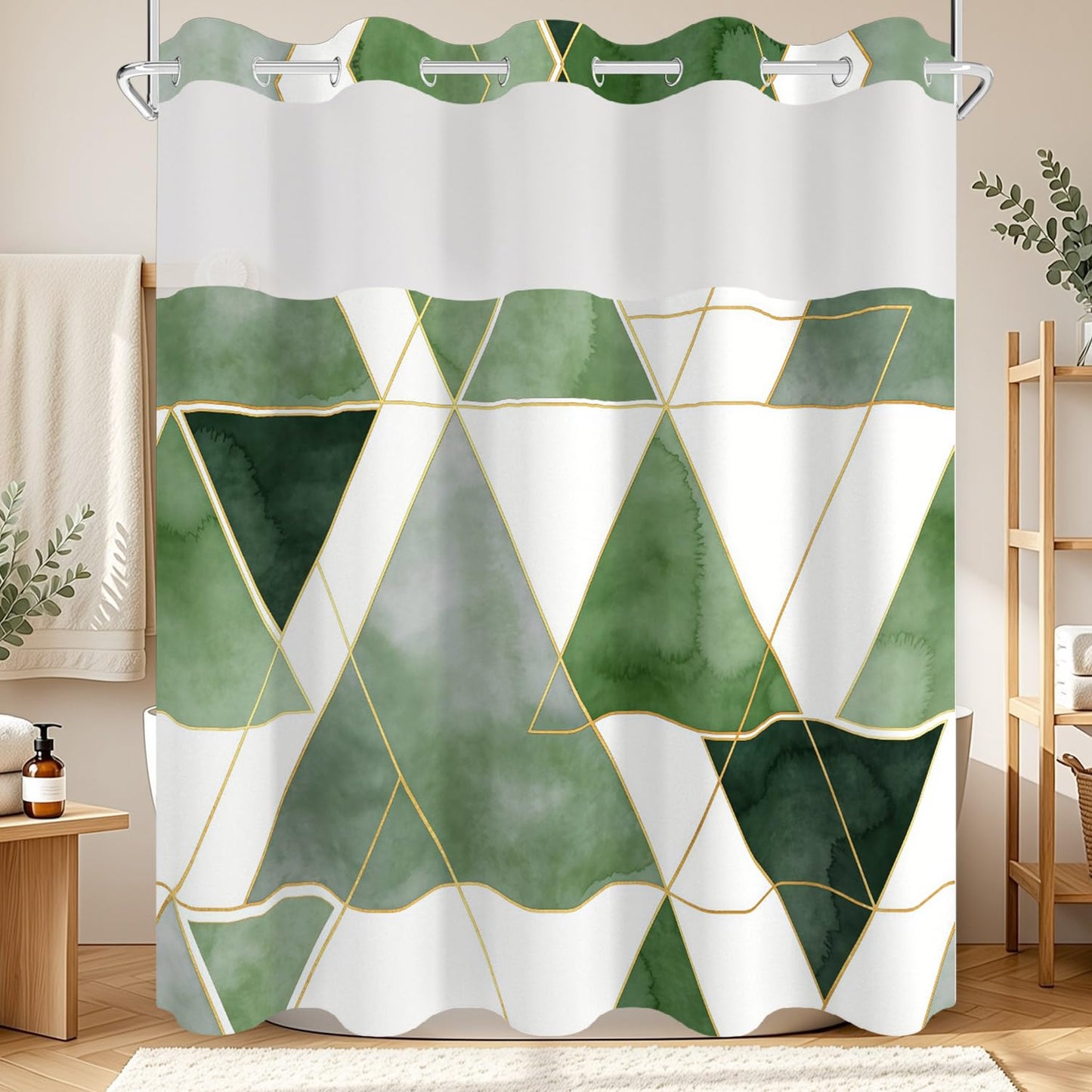 NAEMBCU Green Geometric No Hook Shower Curtain with Snap in Liner Set 71x74