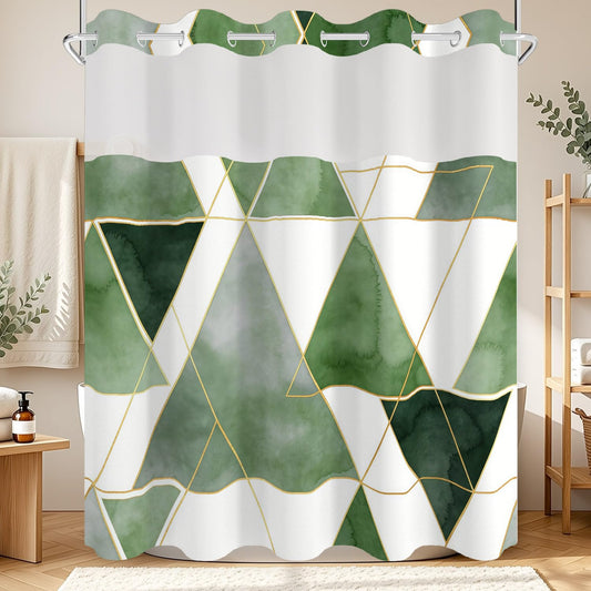 NAEMBCU Green Geometric No Hook Shower Curtain with Snap in Liner Set 71x74