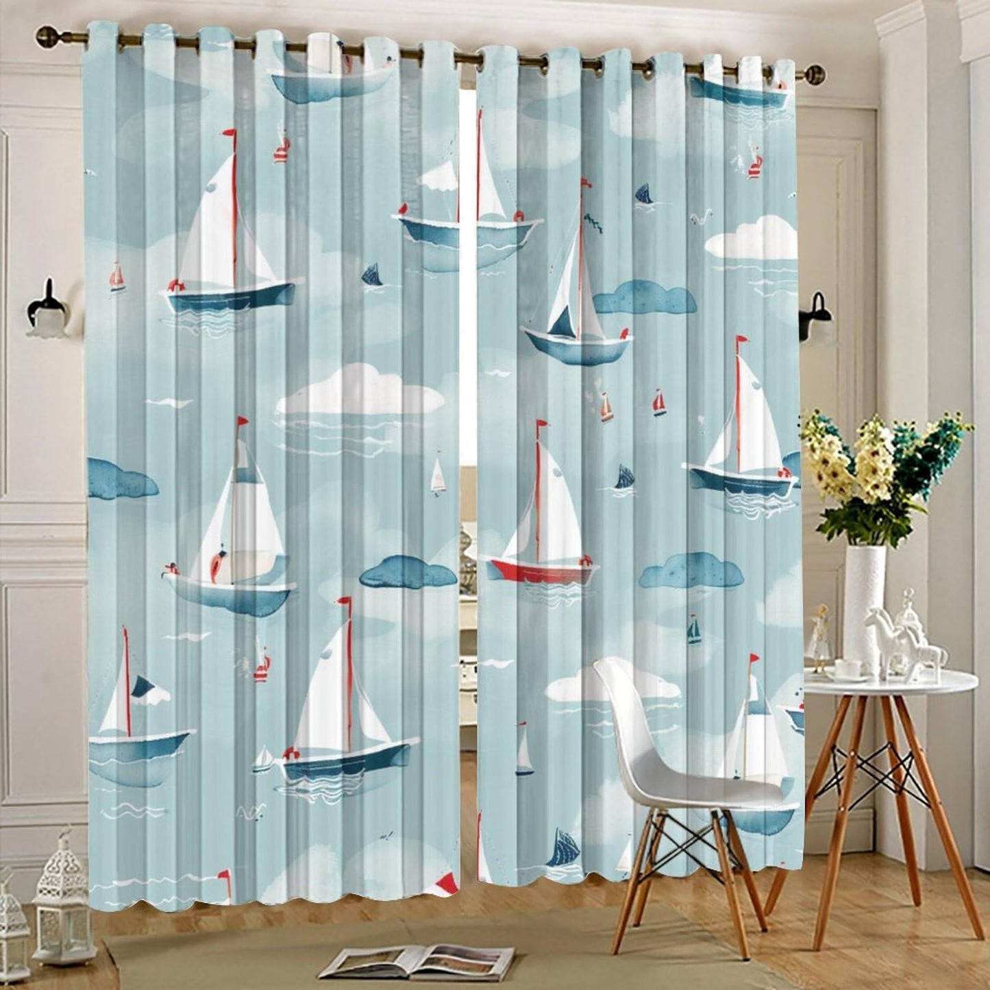 TOWINSFB Cute Cartoon Sailboat Blackout Curtains for Bedroom/Living Room, Funny Ocean Nautical Ship Grommet Curtains Thermal Insulated Window Drapes, 2 Panels, Each 21W x 45L