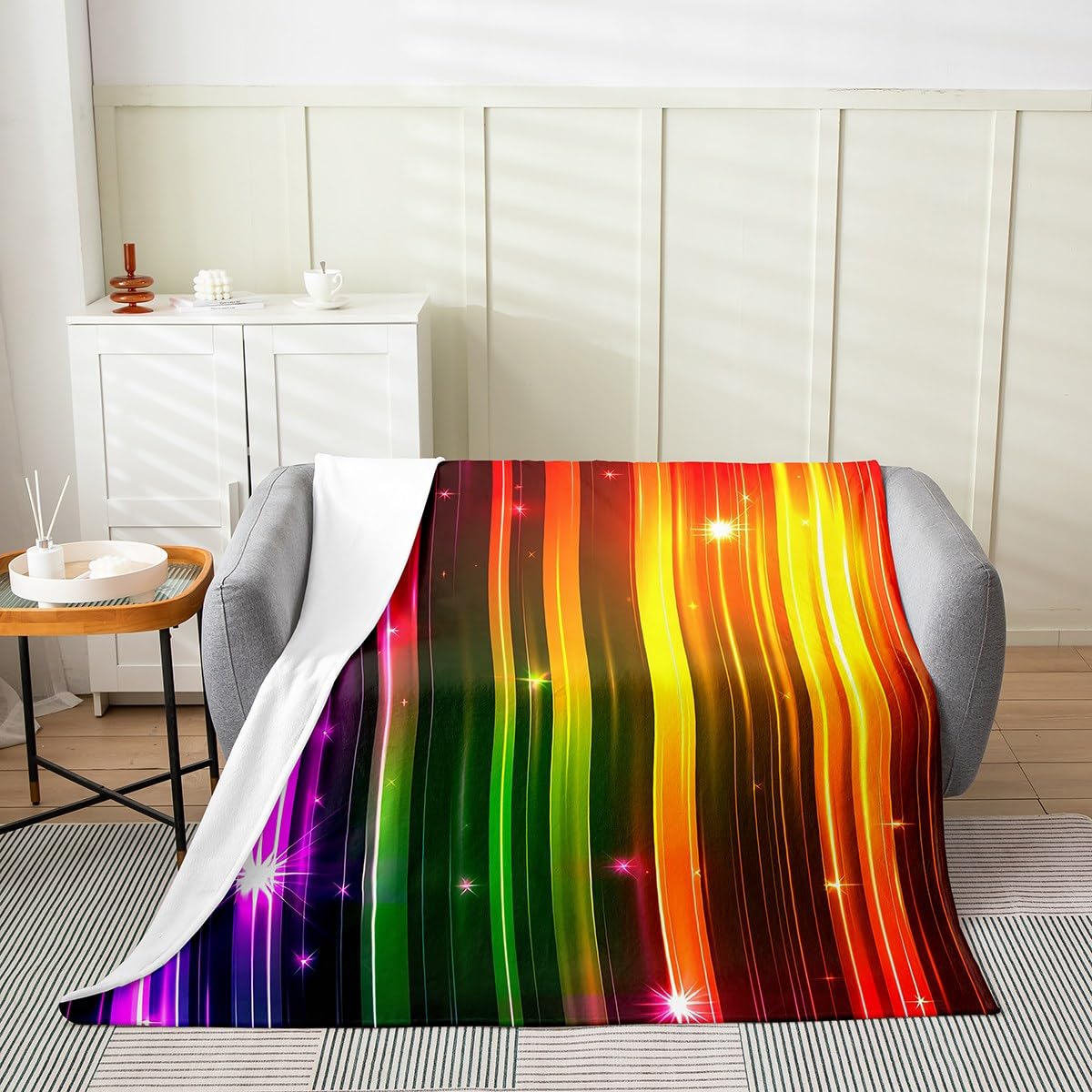 Erosebridal Galaxy Glitter Stars Blanket 40x50 Inch,Ombre Orange Green Throw Blanket,Neon Light Rainbow Striped Fleece Blanket Soft,Abstract Style Sherpa Blanket Warm