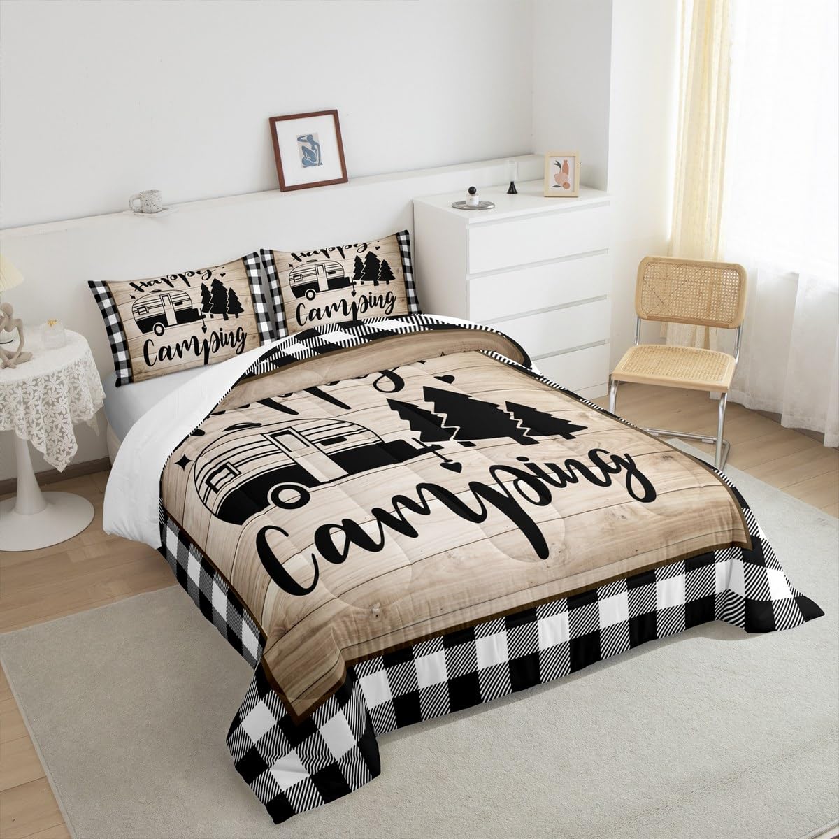 Grid Camper Comforter Set Queen Size for Kids Teens Adults Home Room Decor,Brown Rustic Farmhouse Barn Bedding Set 3pcs,Cartoon RV Trailer Pine Quilt Set Happy Camping Duvet Insert,2 Pillowcases