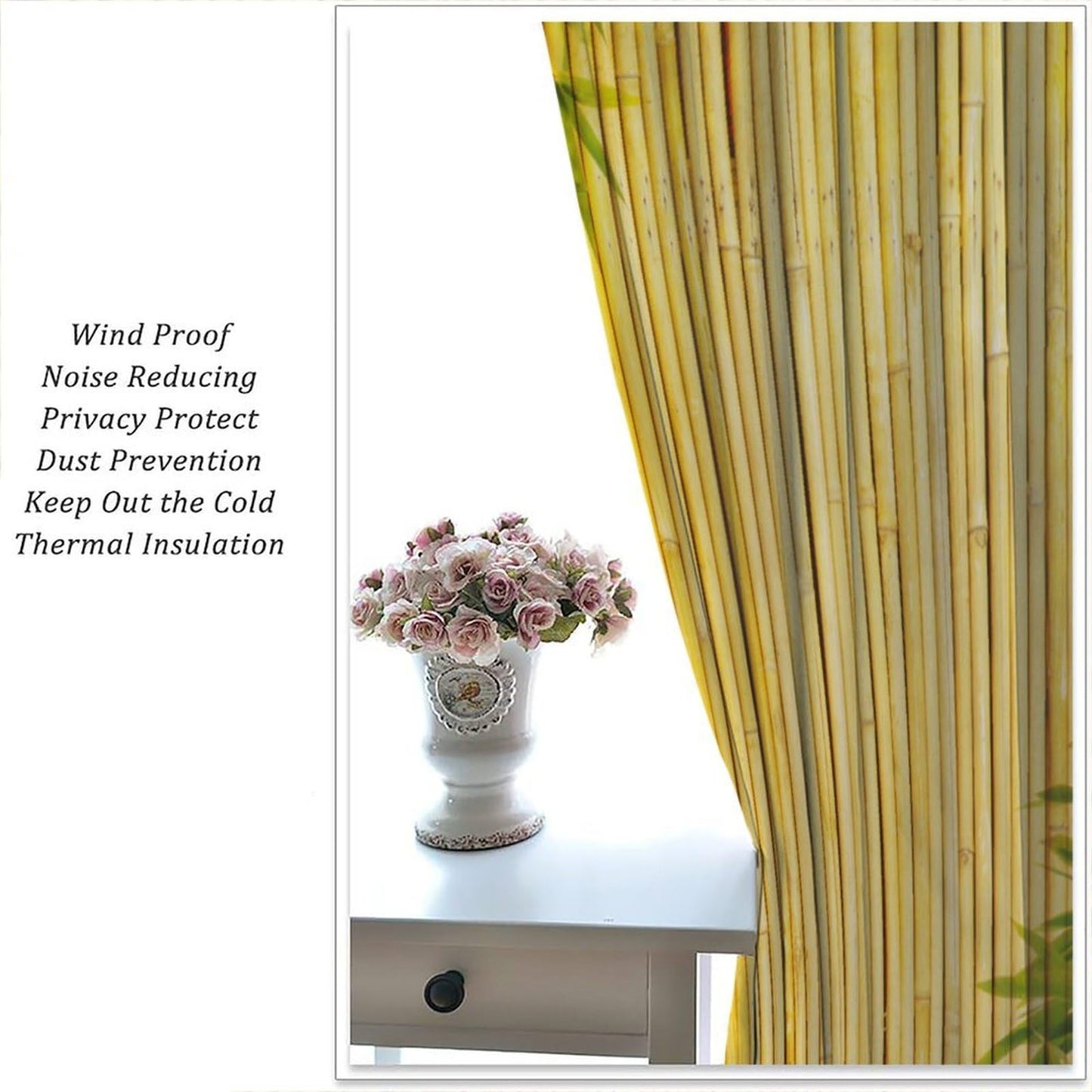 TYVGICZ Bamboo Printed Curtains, Yellow Bamboo Tree Traditional Chinese Japanese Style Asian Calligraphy Style Culture Theme Window Treatments for Living Room Bedroom Drapes42x45 Inch