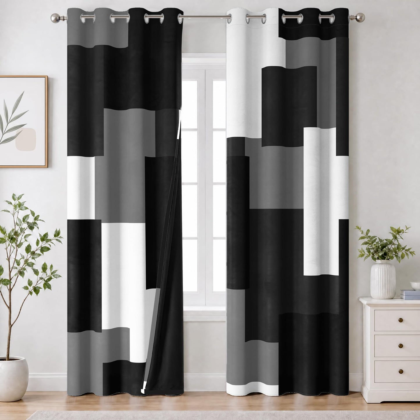 HOQAJME Black and White Curtains for Bedroom Blackout Curtains for Living Room Modern Abstract Geometric Room Darkening Window Drapes, (52 x 84 - Inch,Black Plaid)