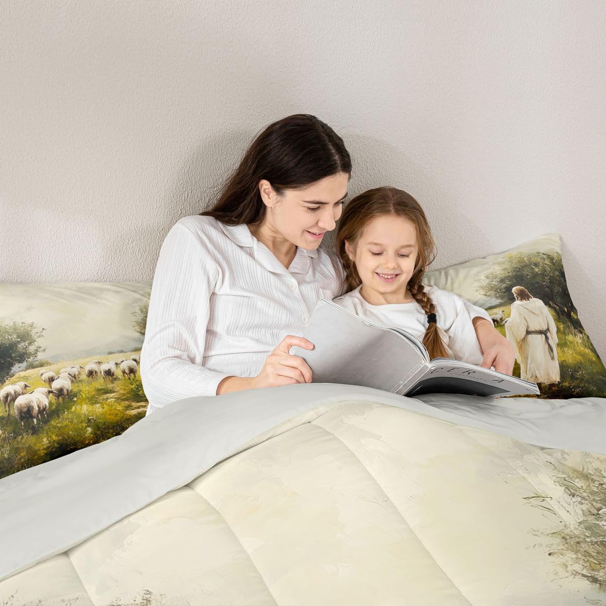 God and Lamb Kids Comforter Set Twin Size,Western Spiritual Bible Verse Bedding Set Boys Girls Room Decor,Bible Stories Spiritual Quilt Comforter,Green White Duvet Set Bedroom Quilt Set,1 Pillowcase