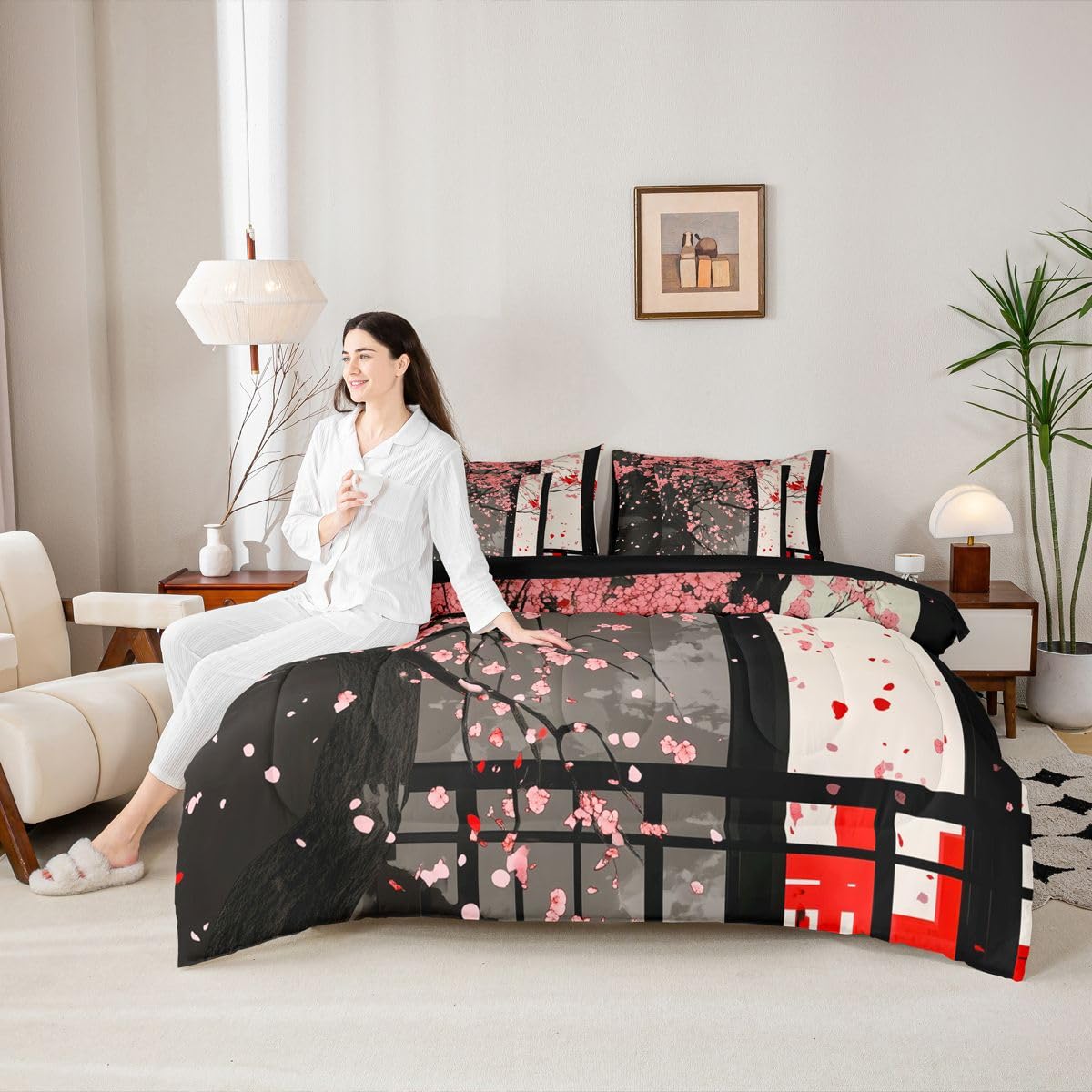 Erosebridal Japanese Style Cherry Blossom Twin Comforter Set with Sheets 7 Piece Pink Sakura Flowers Bed in A Bag Oriental Building View Bedding Sets for Kids Adults,Asian Art Bed Set