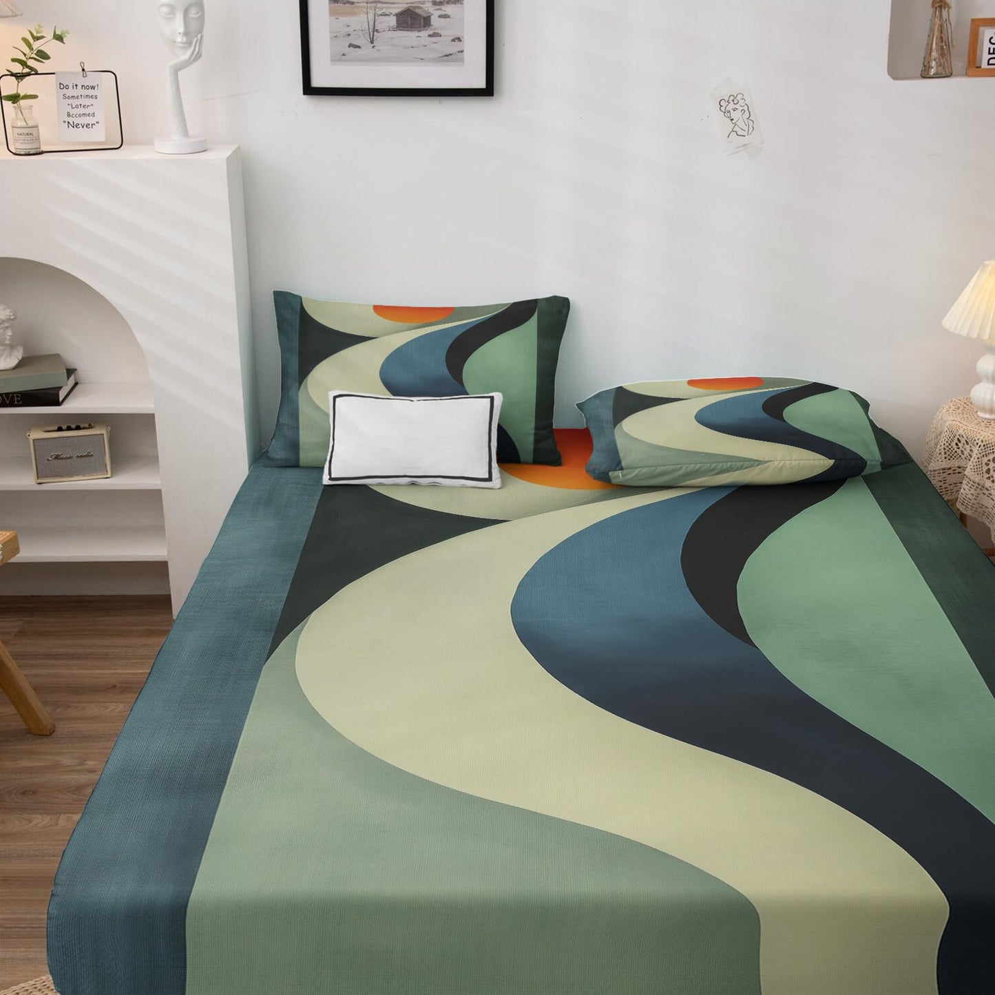 NOGAWA Abstract Sheets Full Size, Retro Geometric Bed Sheets, Patterned Bedding Sheets & Pillowcases 4 Piece Set - Soft Microfiber Deep Pocket Fitted Sheet & Flat Sheet & 2 Pillow Cases