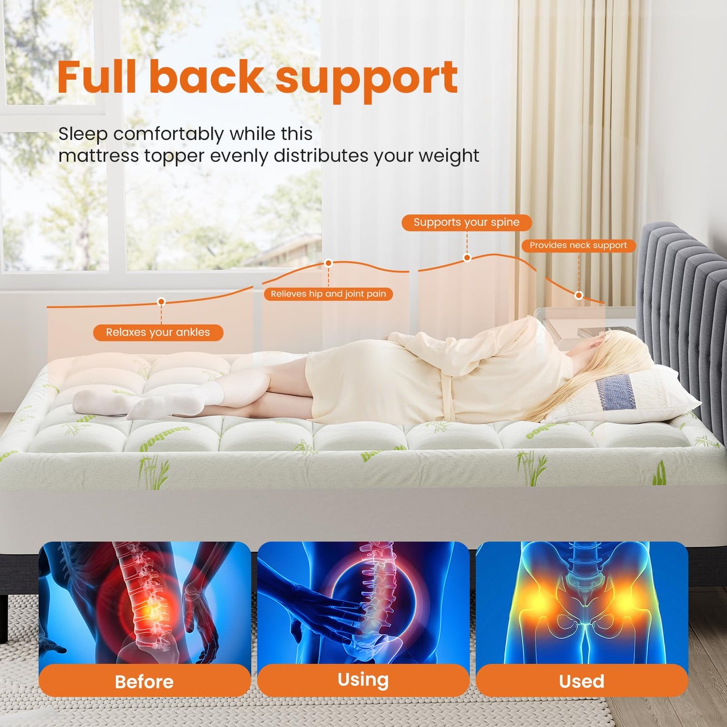 DUMOS Queen Size Ultra Soft Mattress Topper, Viscose Derived from Bamboo, Pillow Top Mattress Pad with Stretchable Pockets, Breathable Cooling Topper for Back Pain Relief