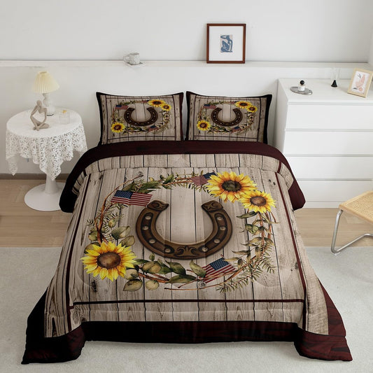 Homewish Horseshoe Comforter Set,Sunflowers Bedding Set for Kids Girls Women,Adults American Flag Comforter,Rustic Wooden Barn Quilted Duvet Set Bedroom Collection Twin Size 2Pcs