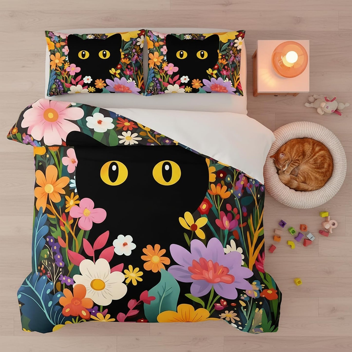 QOOMO 3Pcs Cat Comforter Set Twin,Black Cat Bedding Set for Teens Boys Girls,Floral Printed Comforter with 2 Pillowcases,Down Alternative,Soft and Lightweight