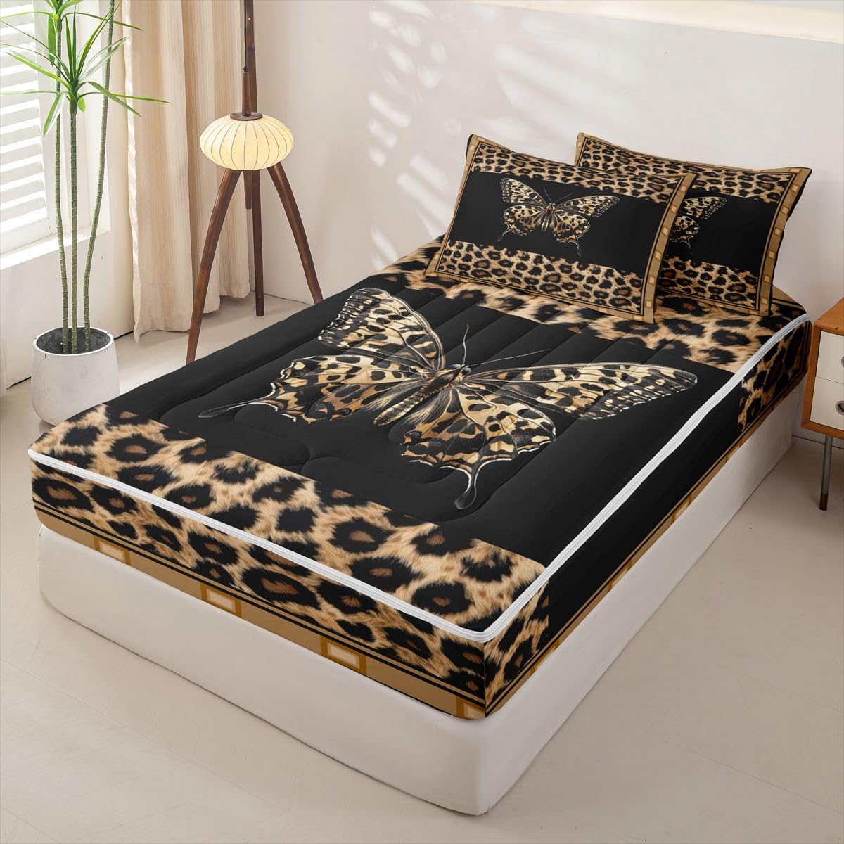 Feelyou Cute Brown Butterfly Zipper Bedding Leopard Print Comforter Set for Kids Boys Girls Queen Size Modern Animal Fur Print Zippered Kids Bedding Set Ultra Soft Cheetah Decor Bed in a Bag