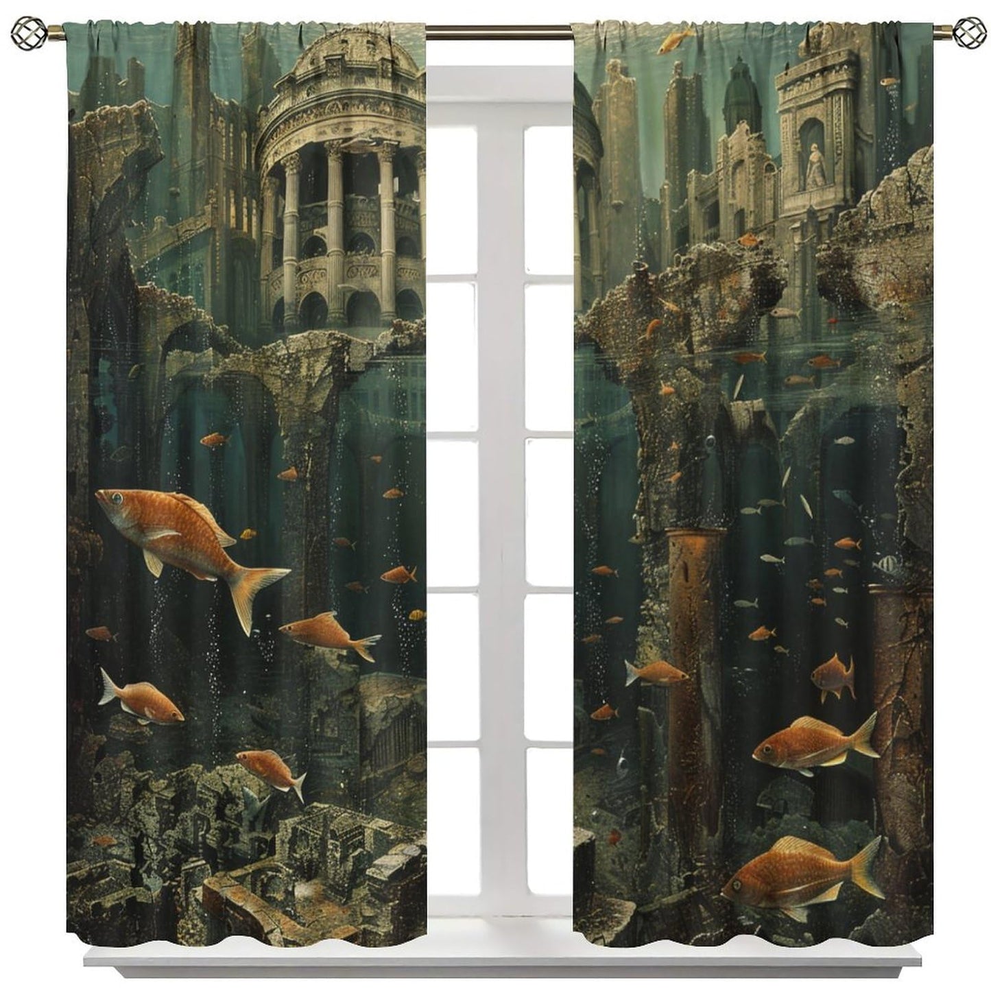 TOWINSFB Ocean Fish Retro Building Blackout Curtains, Underwater Fish Ancient Castle Home Decor Rod Pocket Window Drapes for Living Room Bedroom - 42" W x 45" L