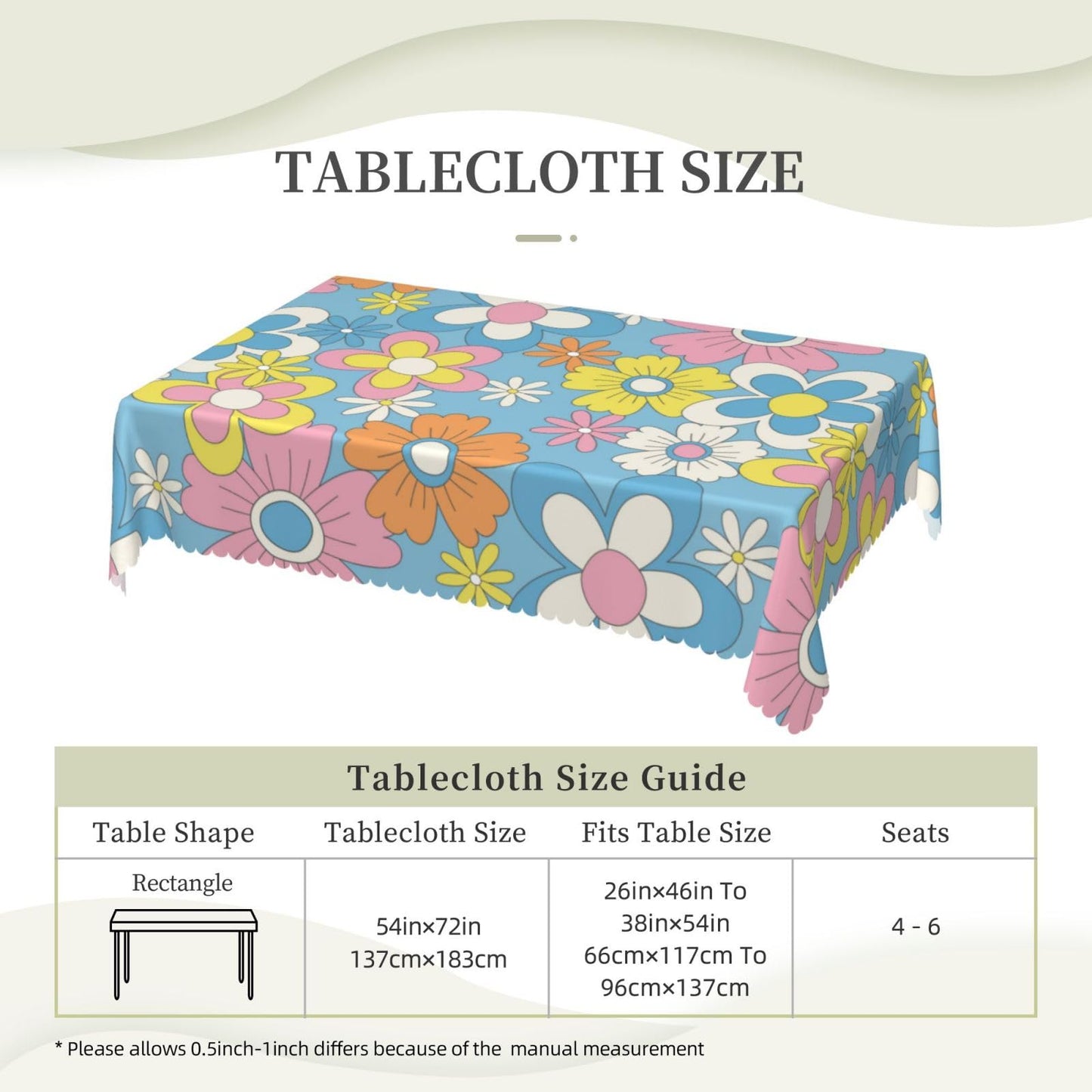 DRAVVIX Daisy Retro Groovy Rectangular Tablecloth Flower Table Cloth with Wavy Lace Decoration Polyester Table Cover for Dining, Parties 54x72 inch