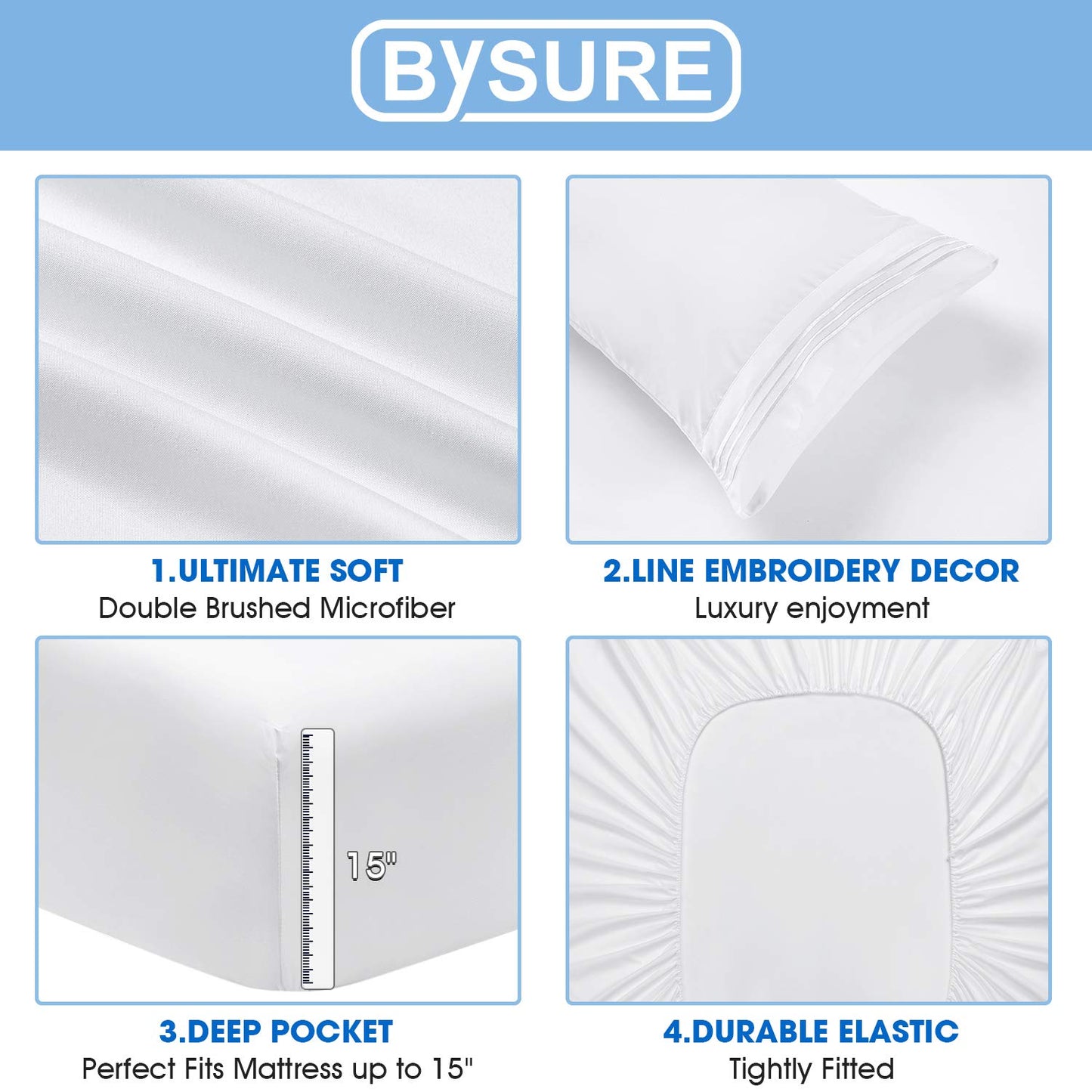 BYSURE Hotel Bed Sheets Set with 4 PCS Embroidered Pillowcases(King, Bright White), 15-inch Deep Pocket Microfiber Sheets, Super Soft Bedding Sets