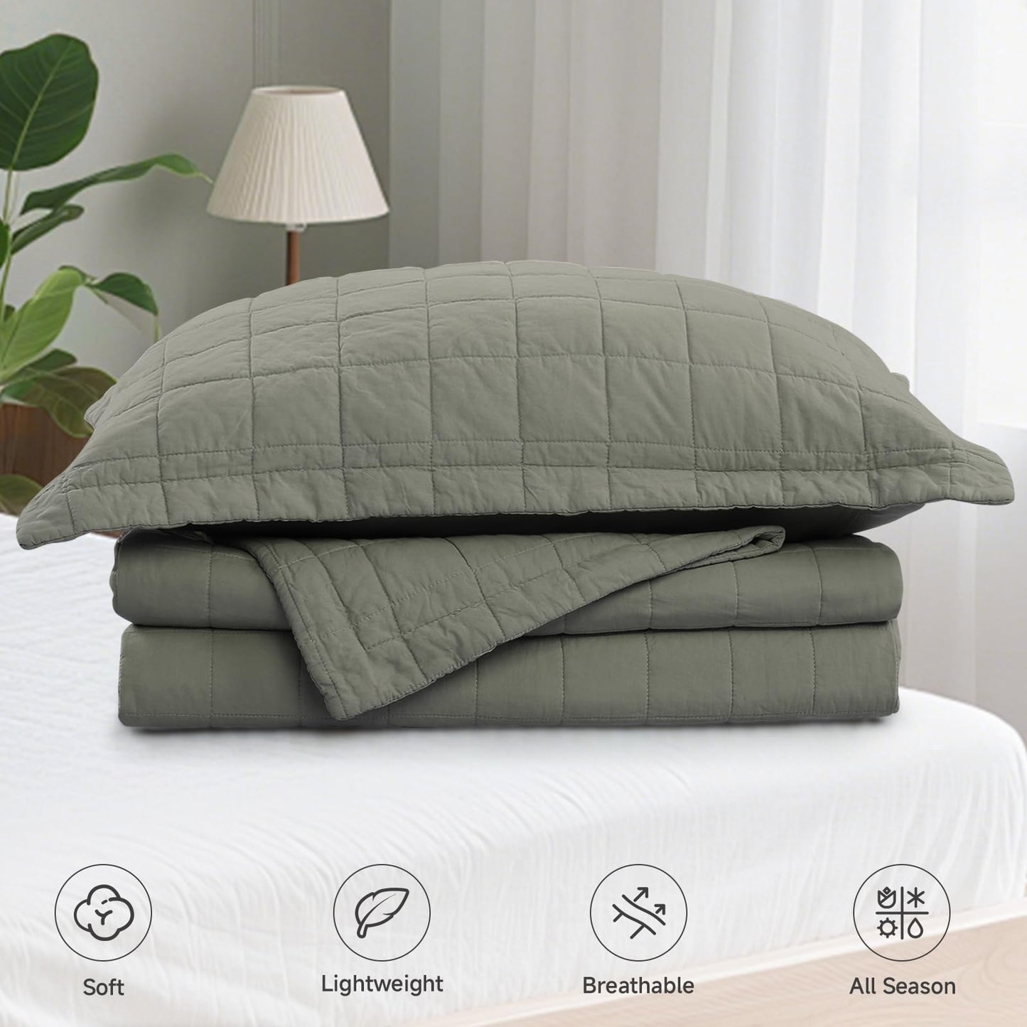 FFQSS Quilt Queen Size Bedding Sets - 100% Cotton Lightweight Luxury Comforter Set, Full Size Stitching Bedspreads Coverlet with 2 Pillowcase Suit for All Season, Green